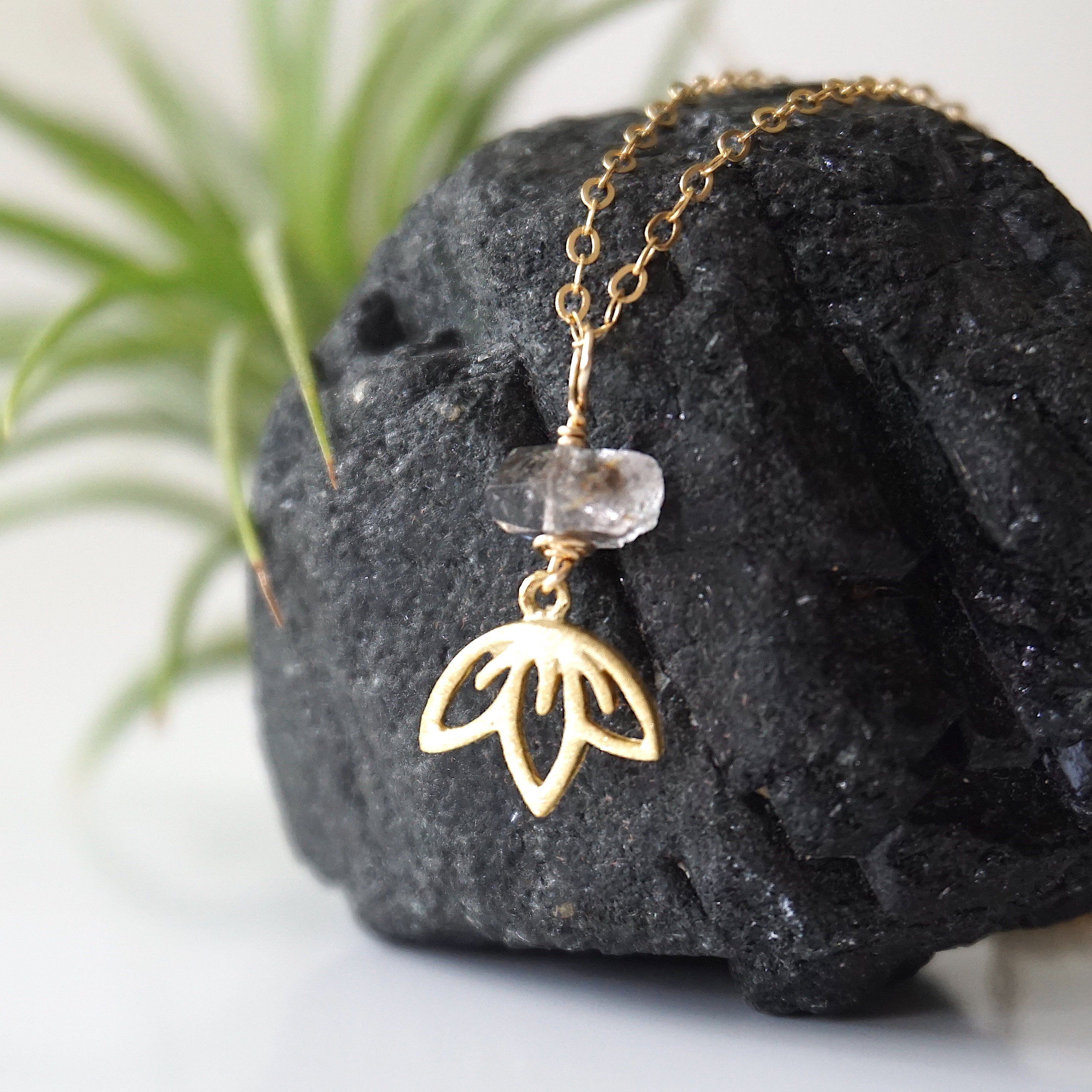 Herkimer Diamond Necklace - 14K Gold Filled Beaded Lotus Charm Pendant Jewelry for Women, Gift for Her, Birthday, Anniversary & Special Occasions