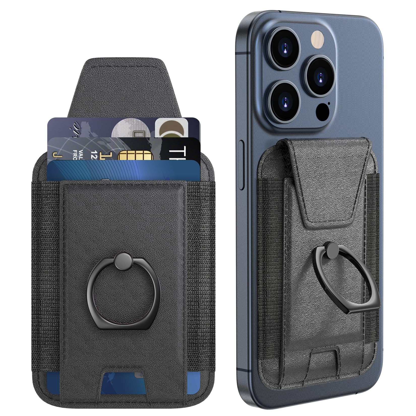 Magnetic Wallet Card Holder for iPhone 15/14/13/12 Series - 360° Rotating Finger Ring & Kickstand - RFID Blocking - Holds 7 Cards - MagSafe Compatible Phone Sleeve (Black) - Perfect for Travel, Shopping & Everyday Use