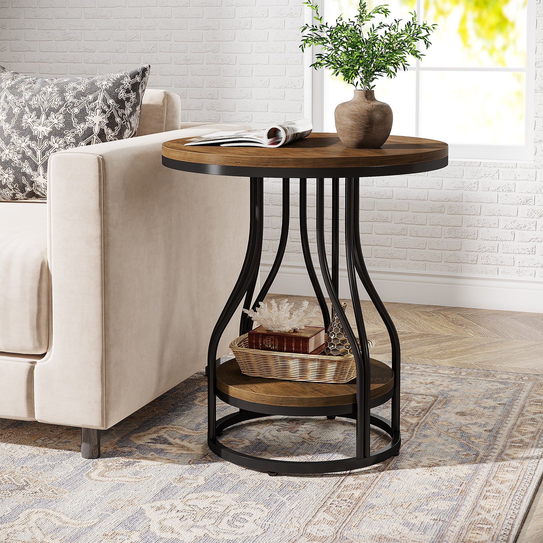 2 Tier Round End Table with Metal Frame - Stylish Sofa Side Table for Living Room, Bedroom, or Office - Perfect for Holding Lamps, Books, and Decor