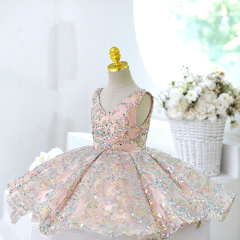 Sparkly Pink Sequin Flower Girl Dress - A-Line Tea-Length V-Neck for Weddings & Special Occasions | Perfect for Pageants, Birthday Parties & Formal Events