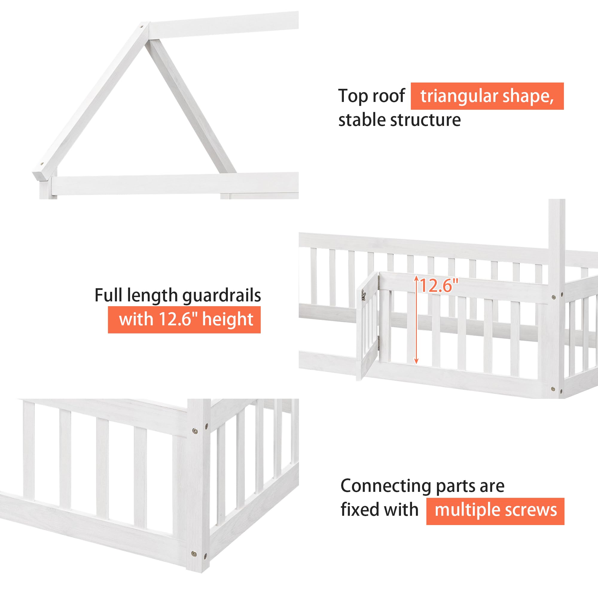 Merax Wooden House Bed with Fence & Door - Twin Size Floor Bed with Full Guardrail - White - Perfect for Kids Room, Playroom or Montessori Bedroom