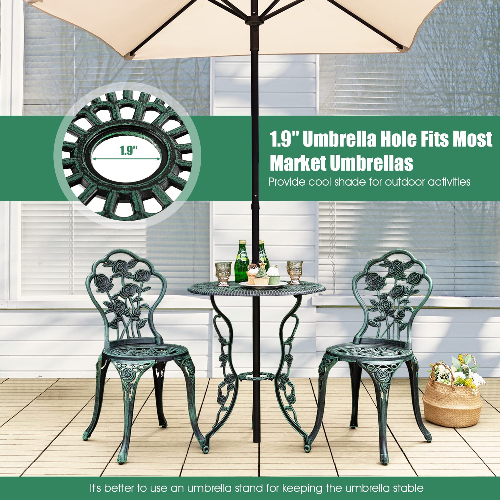 Rust-Resistant 3-Piece Outdoor Bistro Set - Cast Aluminum Patio Furniture with Elegant Rose Pattern & 1.9