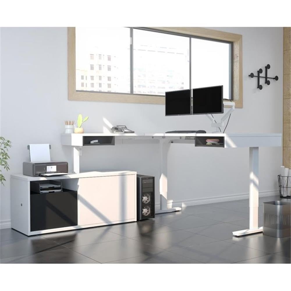 Ergonomic L-Shaped Adjustable Standing Desk with Credenza & Monitor Arms - Home Office Workstation for Remote Work & Gaming Setup