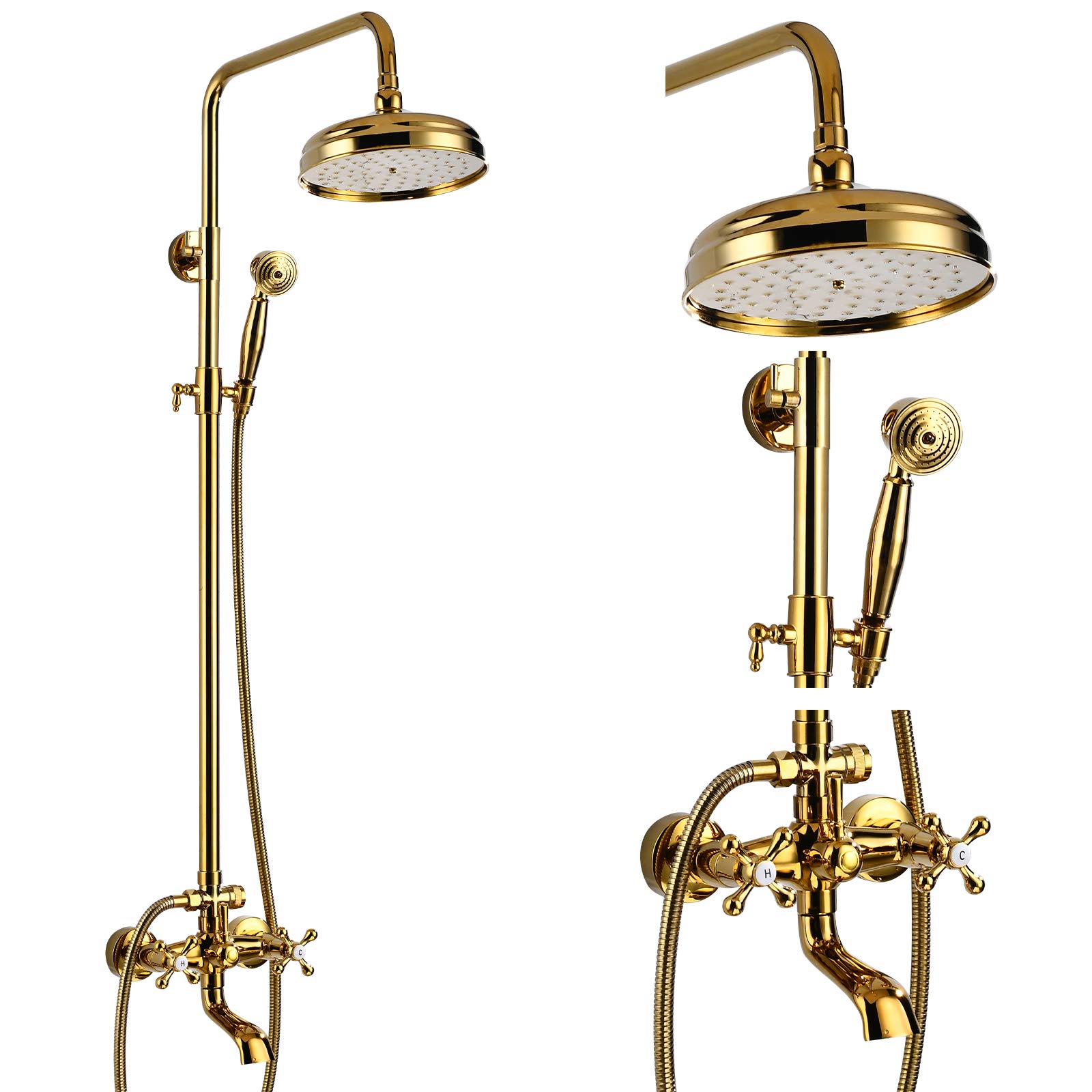 Gotonovo 8 Inch Round Rain Shower Head with Double Cross Handle & Tub Spout - Polished Gold Wall Mount Bathroom Faucet Mixer - 3 Function Metal Handheld Sprayer - Perfect for Modern Bathroom & Spa-Like Shower Experience