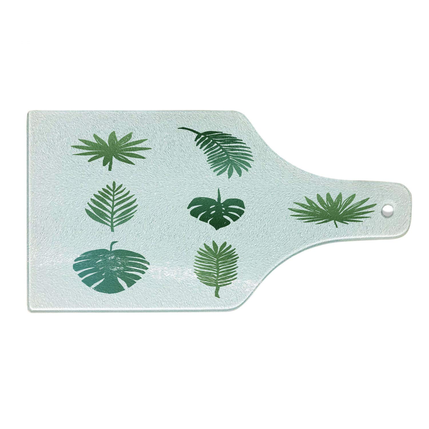 Ambesonne Tropical Palm Tree Cutting Board - Hand Drawn Island Design on Tempered Glass - Wine Bottle Shaped Serving Board (Green & White) - Perfect for Beach Themed Kitchens, Tropical Parties & Gift Giving