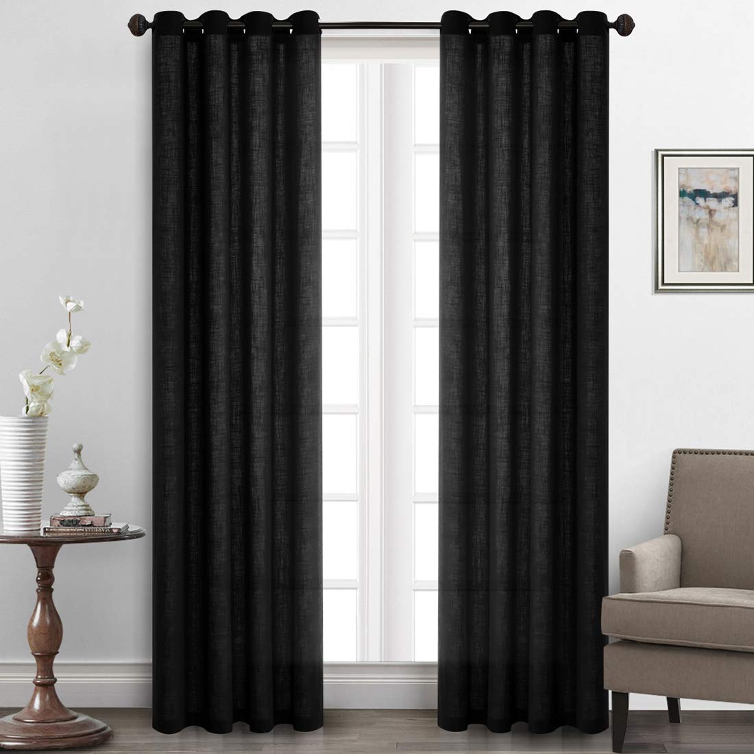 VCTOPS Blackout Linen Curtains - 52x96 Inch Room Darkening Window Drapes with Grommet Top for Living Room & Bedroom - Elegant Home Decor for Privacy & Light Control (1 Panel, Black) - Perfect for Cozy Nights & Stylish Interior Design