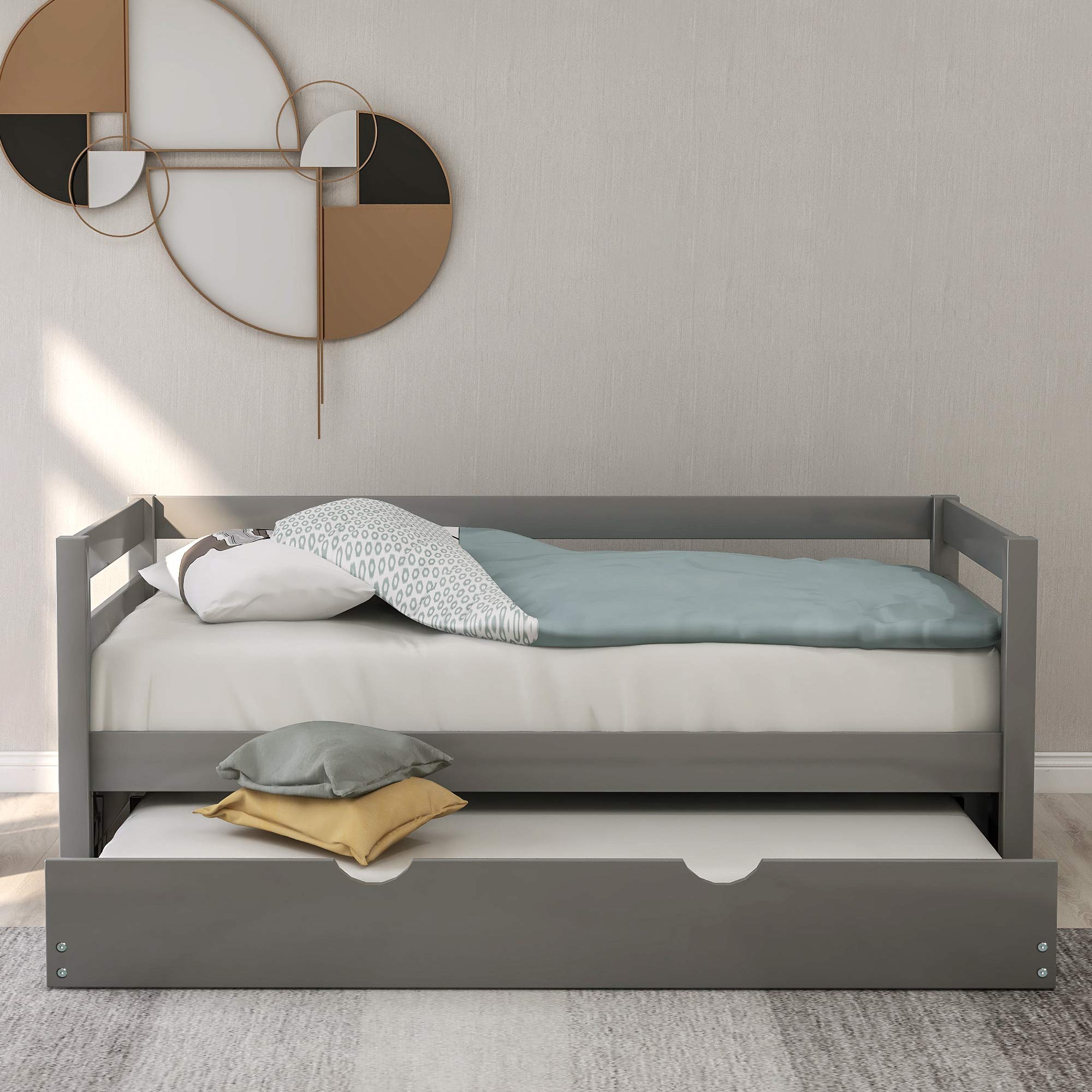 Solid Wood Twin Daybed with Pull-Out Trundle - Grey Kids Captain's Bed Frame for Guest Room, Dorm & Small Spaces | Sturdy Wooden Bed Frame with Storage Underneath