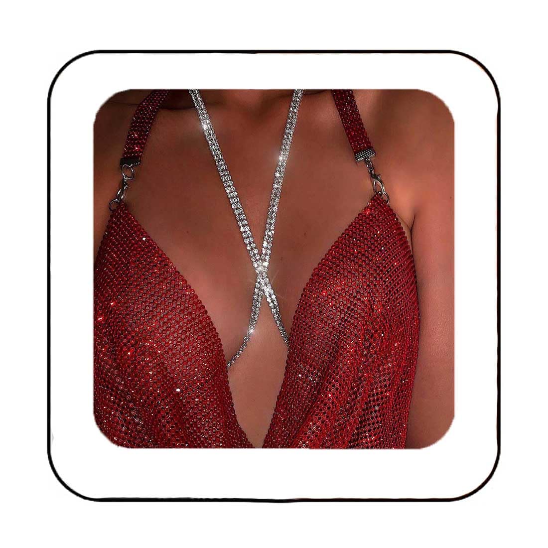 Sparkly Silver Rhinestone Body Chain Bra - Crystal Chest Jewelry for Women & Girls | Bikini, Rave Party, Festival & Beach Accessories (Silver-2)
