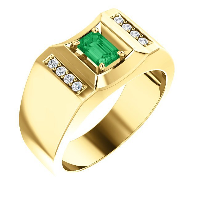 14KT Gold Men's Emerald and Diamond Accent Ring - 0.56ct Emerald & 0.12ctw Diamonds - Elegant Jewelry for Weddings, Anniversaries & Special Occasions