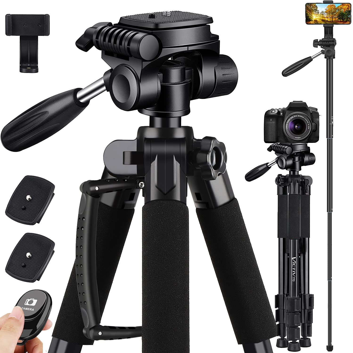 Victiv 72-inch Lightweight Aluminum Camera Tripod & Monopod - Max Height 182cm, 3-Way Swivel Head & 2 Quick Release Plates for DSLR Cameras (Canon/Nikon) - Compact Travel Tripod for Photography & Videography - Perfect for Outdoor Shooting, Travel Vlogging & Professional Studio Work - Black