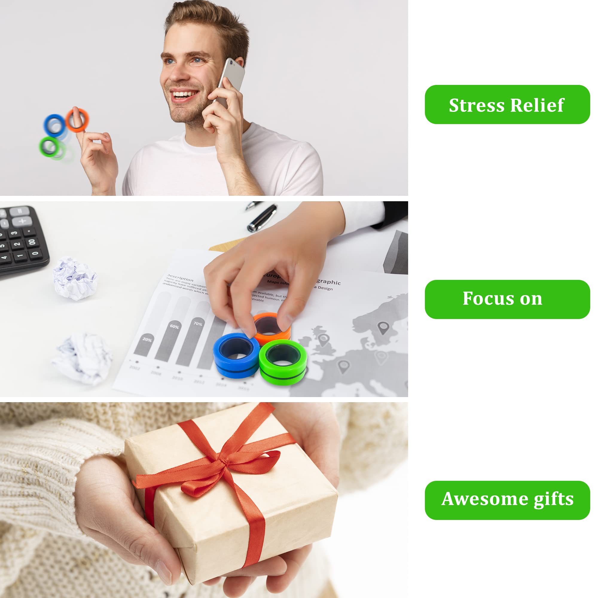 Magnetic Rings Fidget Toy Set - 3 Pack Stress Relief Sensory Toys for Adults & Kids with ADHD, Autism, OCD - Colorful Anti-Anxiety Fidget Spinner Alternative (Great for Office, School, Travel)