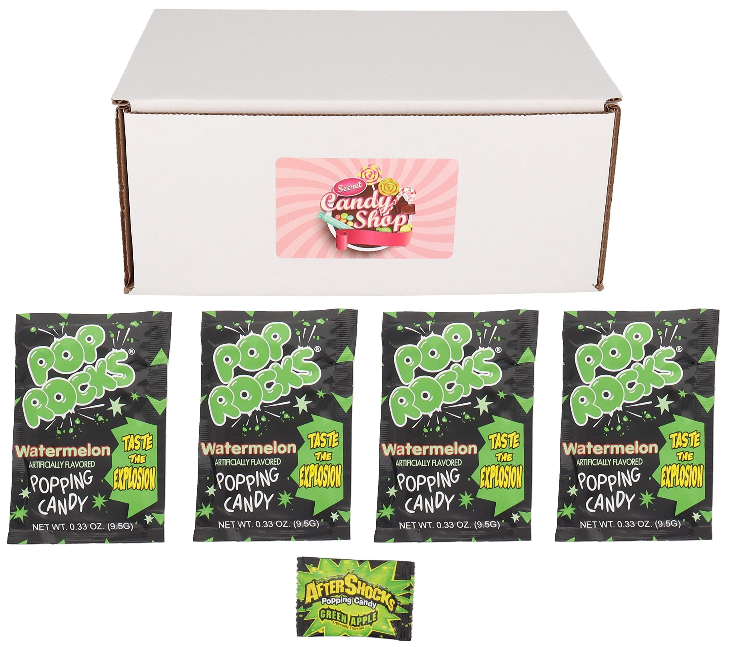 SECRET CANDY SHOP Pop Rocks Popping Candy - 4 Pack with Free After Shocks Watermelon Flavor - Fun Party Favors & Novelty Gifts for Kids and Adults
