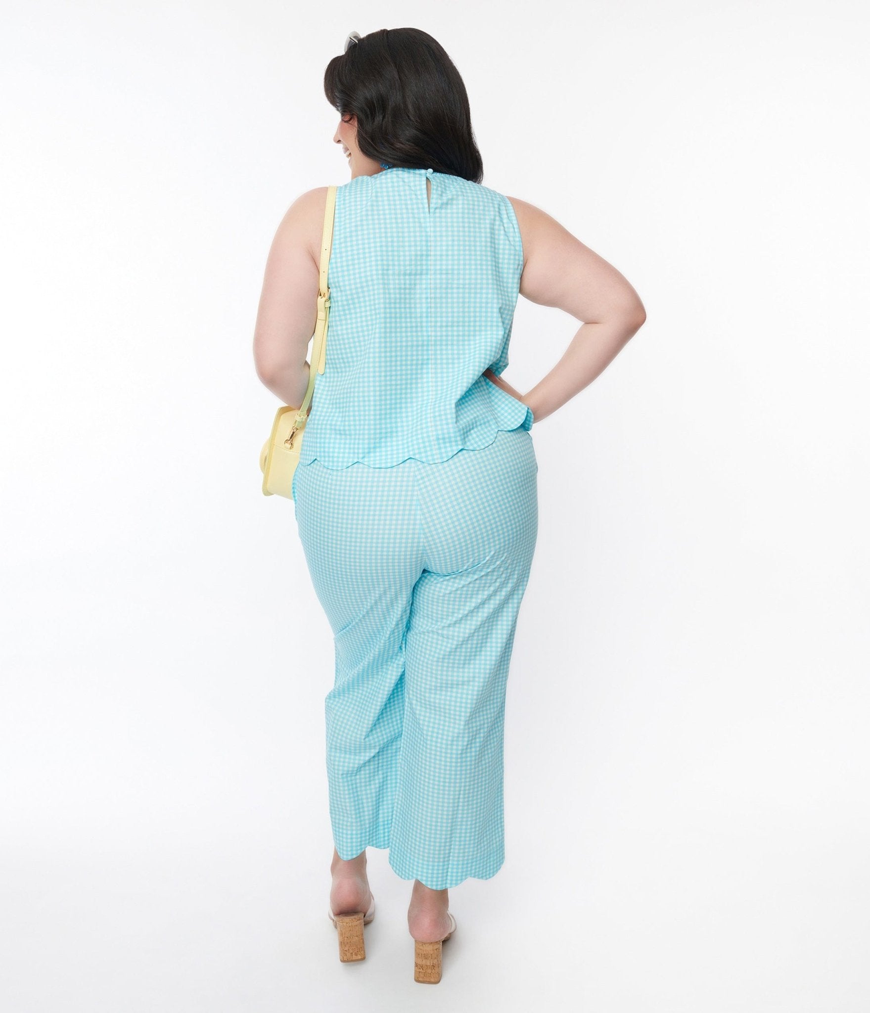 Sky Blue Gingham Scalloped Top & Pants Set for Women - Cute Summer Outfit for Beach, Picnic & Casual Wear
