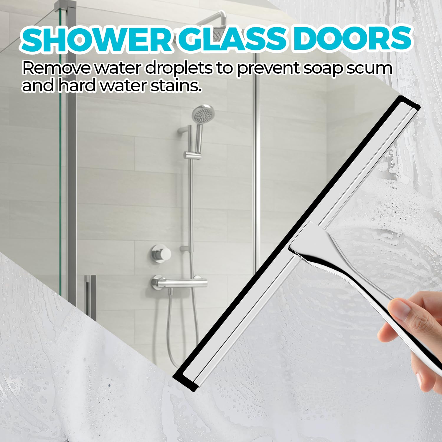 12-Inch Stainless Steel Shower Squeegee for Bathroom, Windows & Cars - Heavy Duty All-Purpose Scraper for Shower Doors, Tile Walls, Glass, Mirrors & Kitchen - Perfect for Streak-Free Cleaning & Water Spot Removal
