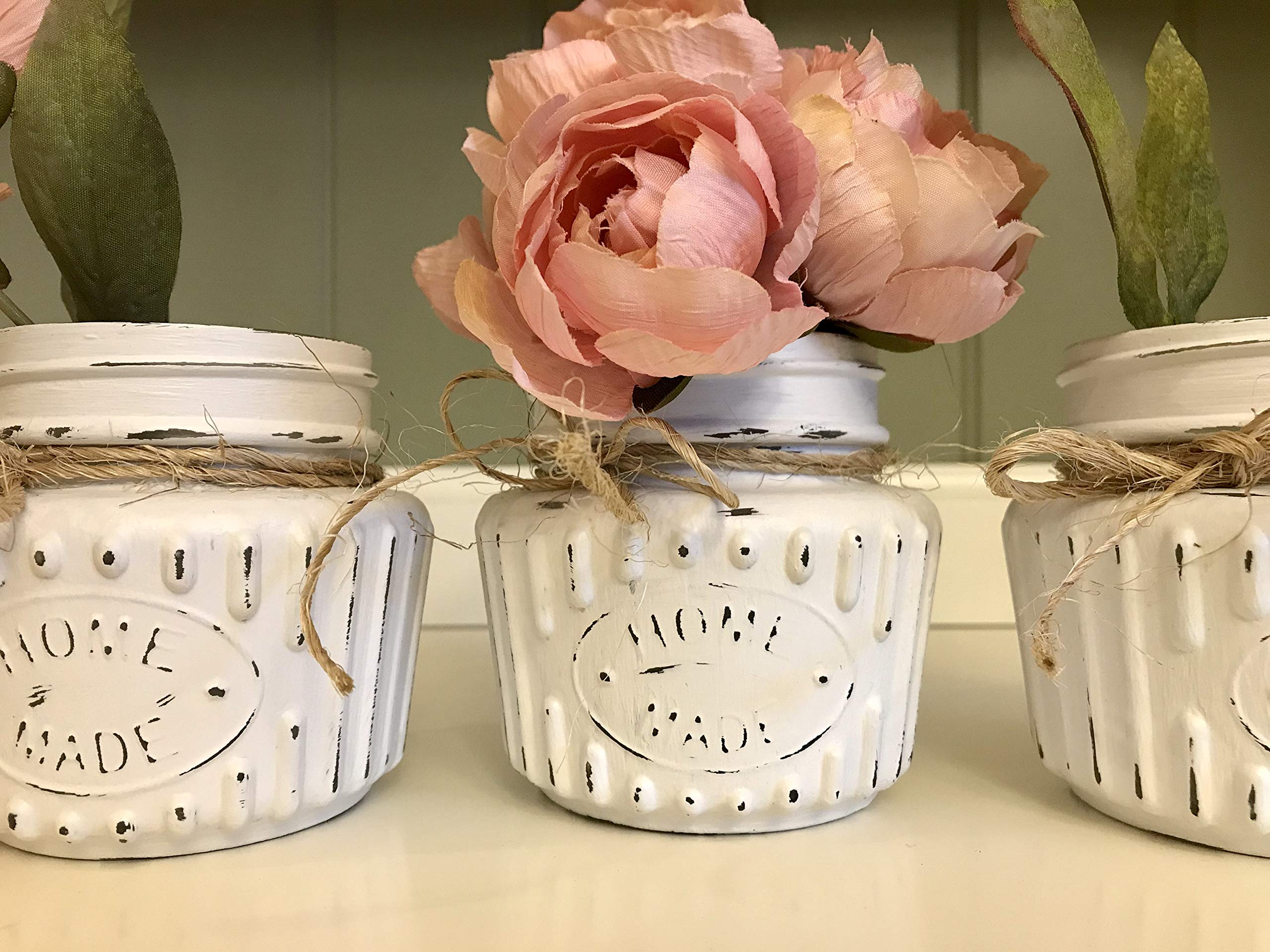 Distressed Linen White Chalk Painted Jars - Set of 3 (8 oz Each) for Farmhouse Decor, Rustic Wedding Centerpieces & DIY Home Organization