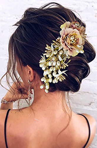 Artificial Peony Flower Hair Clip with Pearl Comb - Elegant Side Bun Hair Accessories for Women & Girls (Peach) - Perfect for Weddings, Parties & Everyday Style