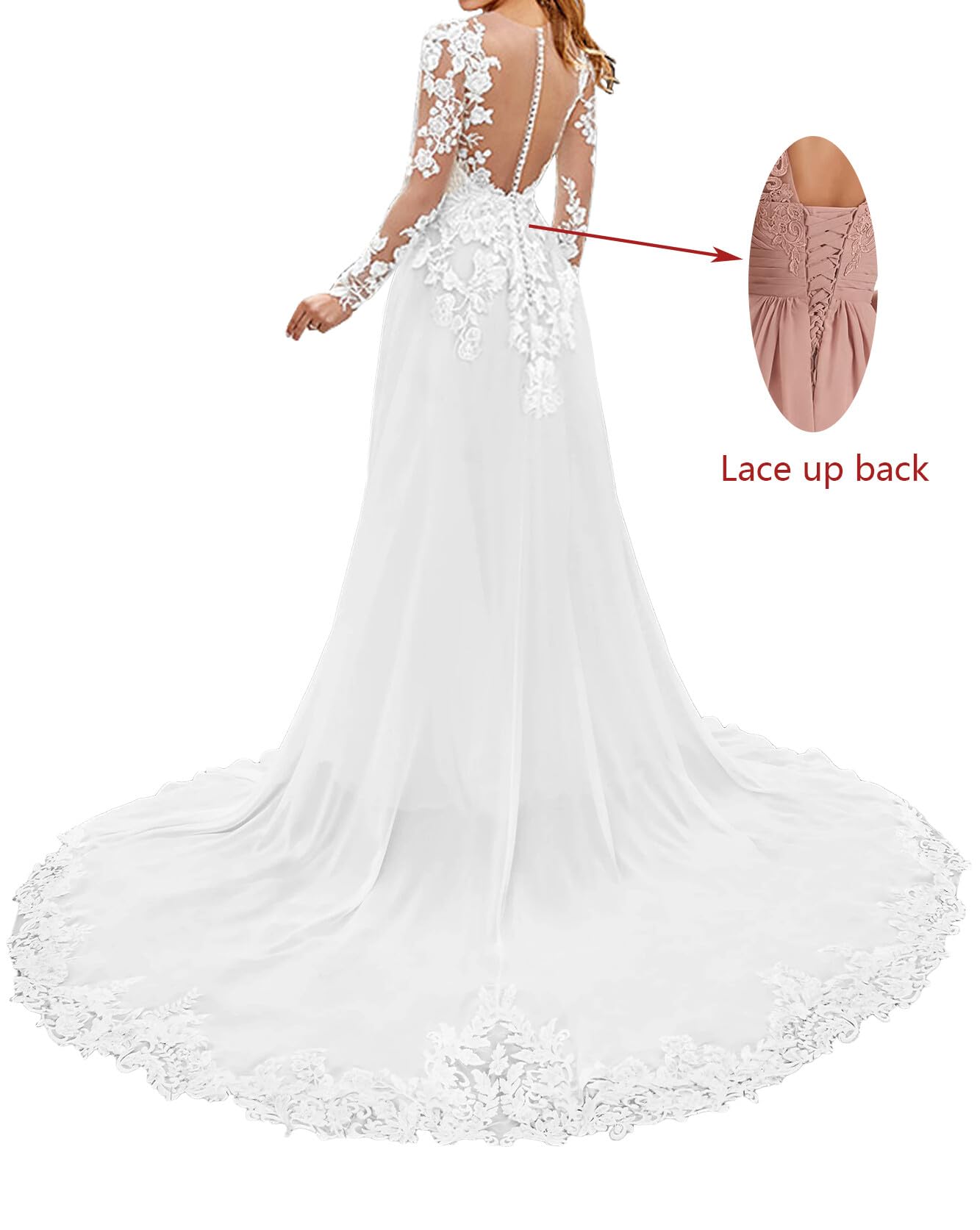 JAEDEN Elegant Lace Chiffon Wedding Dress with Long Sleeves & High Slit - A-Line Bridal Gown for Church, Beach, and Outdoor Ceremonies