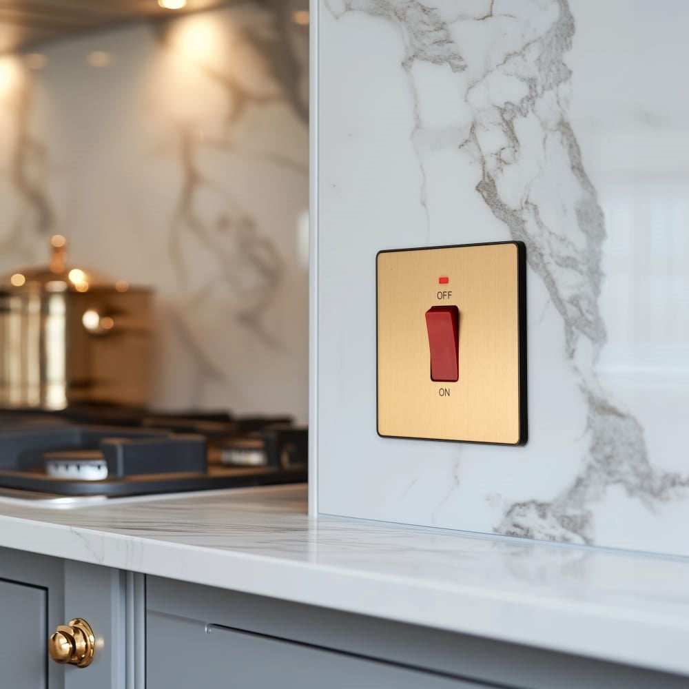 BG Evolve Satin Brass 45A Double Pole Switch with LED Indicator - PCDSB74B - Perfect for Home, Office & Commercial Electrical Installations
