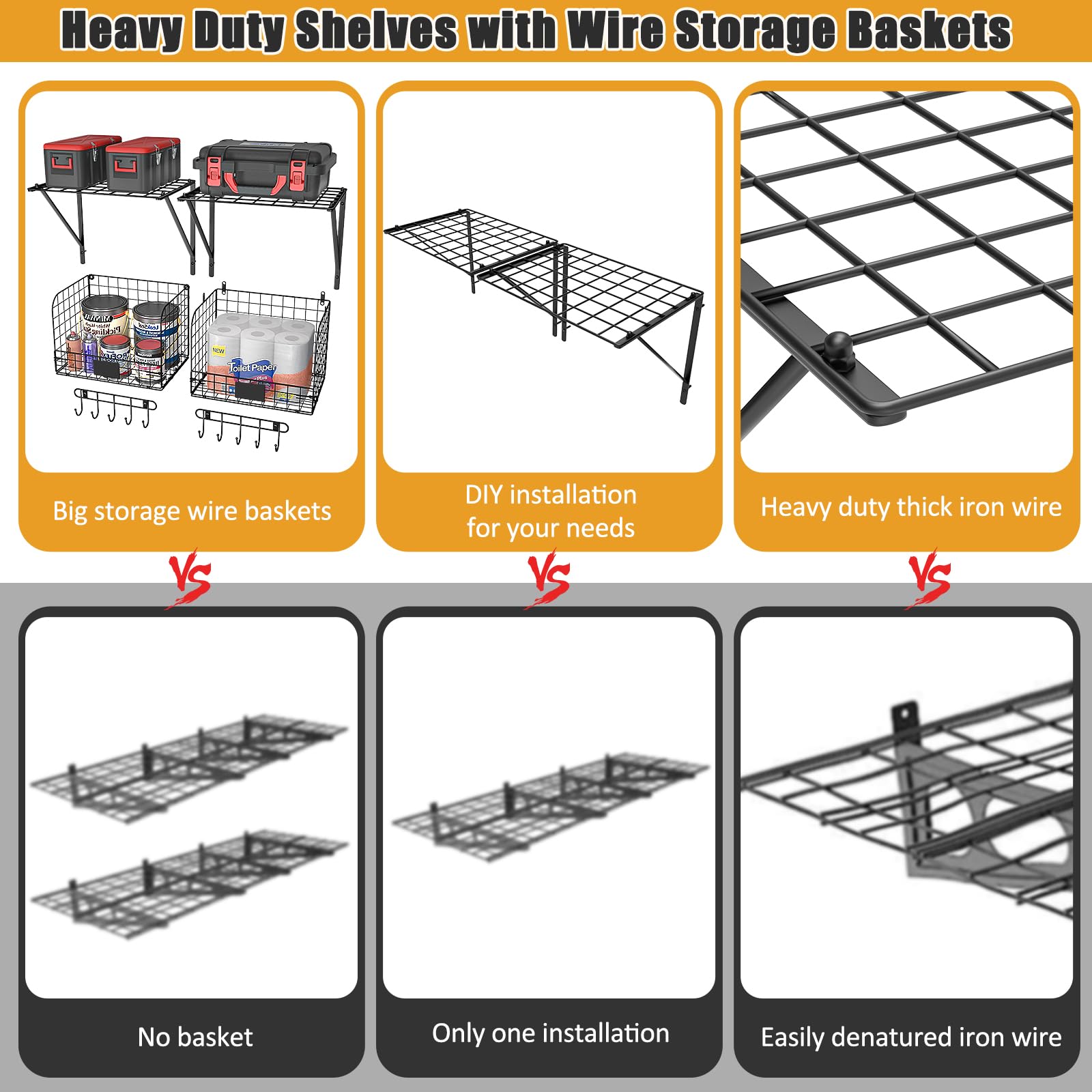 2 Pack Heavy Duty Wall Mounted Garage Shelves with Wire Baskets & Hooks - Sturdy Metal Storage Shelving for Tools, Garden Supplies & Garage Organization - Perfect for Home, Workshop & DIY Storage Solutions