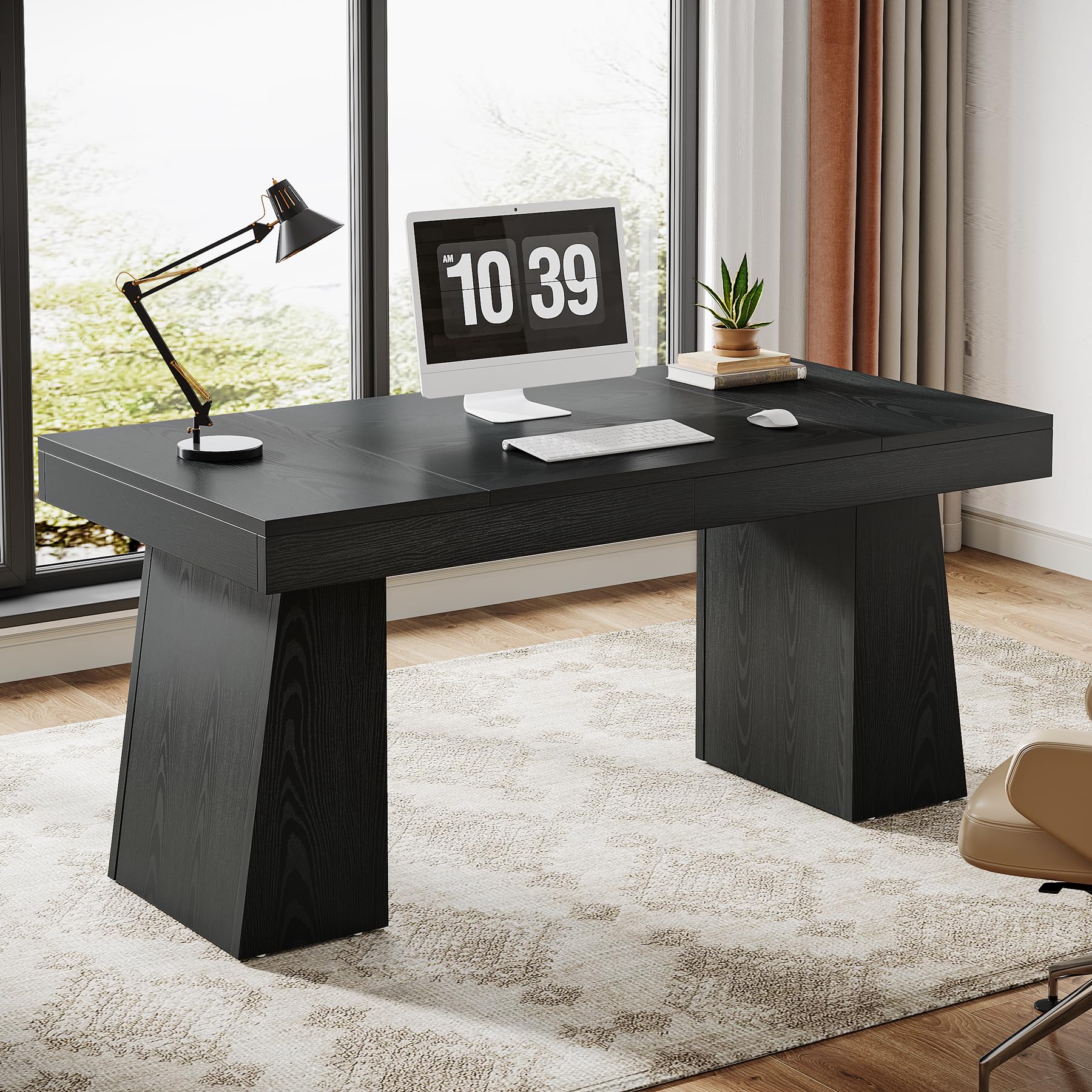 Tribesigns 55 Inch Modern Executive Desk - Mid Century Style Home Office Desk with Sturdy Double Trapezoid Base, Wooden Computer Desk for Business & Conference Room (Black) | Perfect for Small Office Spaces & Remote Workstations