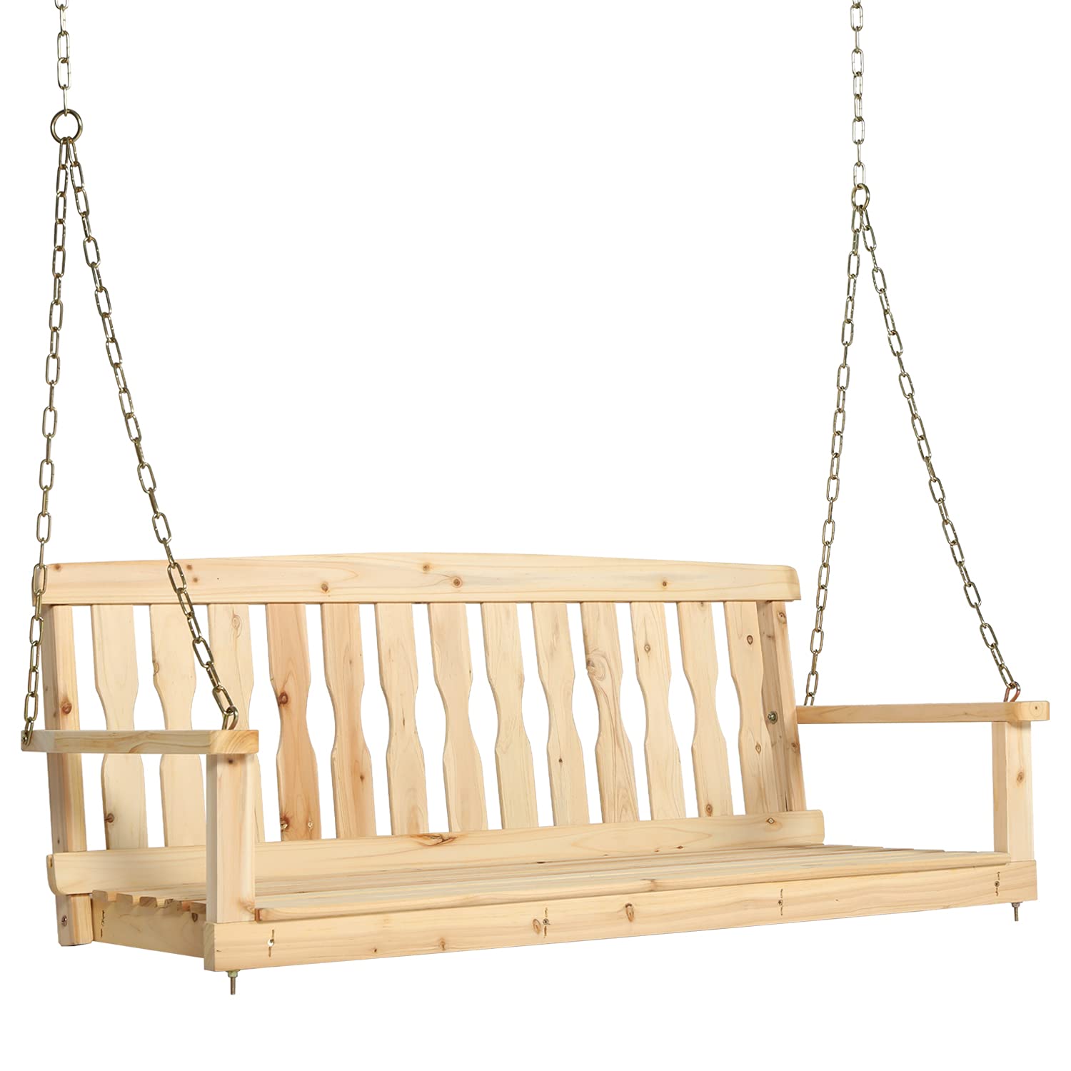 OKL 2-Seater Outdoor Wooden Porch Swing with Curved Back - 46 Inch Natural Hanging Bench for Garden, Yard, Patio, Deck - Includes Mounting Chains - Perfect for Relaxing Outdoors