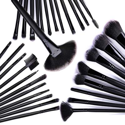 Premium 32-Piece MISS & MAM Makeup Brush Set with Natural/Synthetic Bristles, Leather Pouch, Sponge Puff & Brush Cleaner - Black | Professional Cosmetic Brushes for Foundation, Blush, Eyeshadow & More