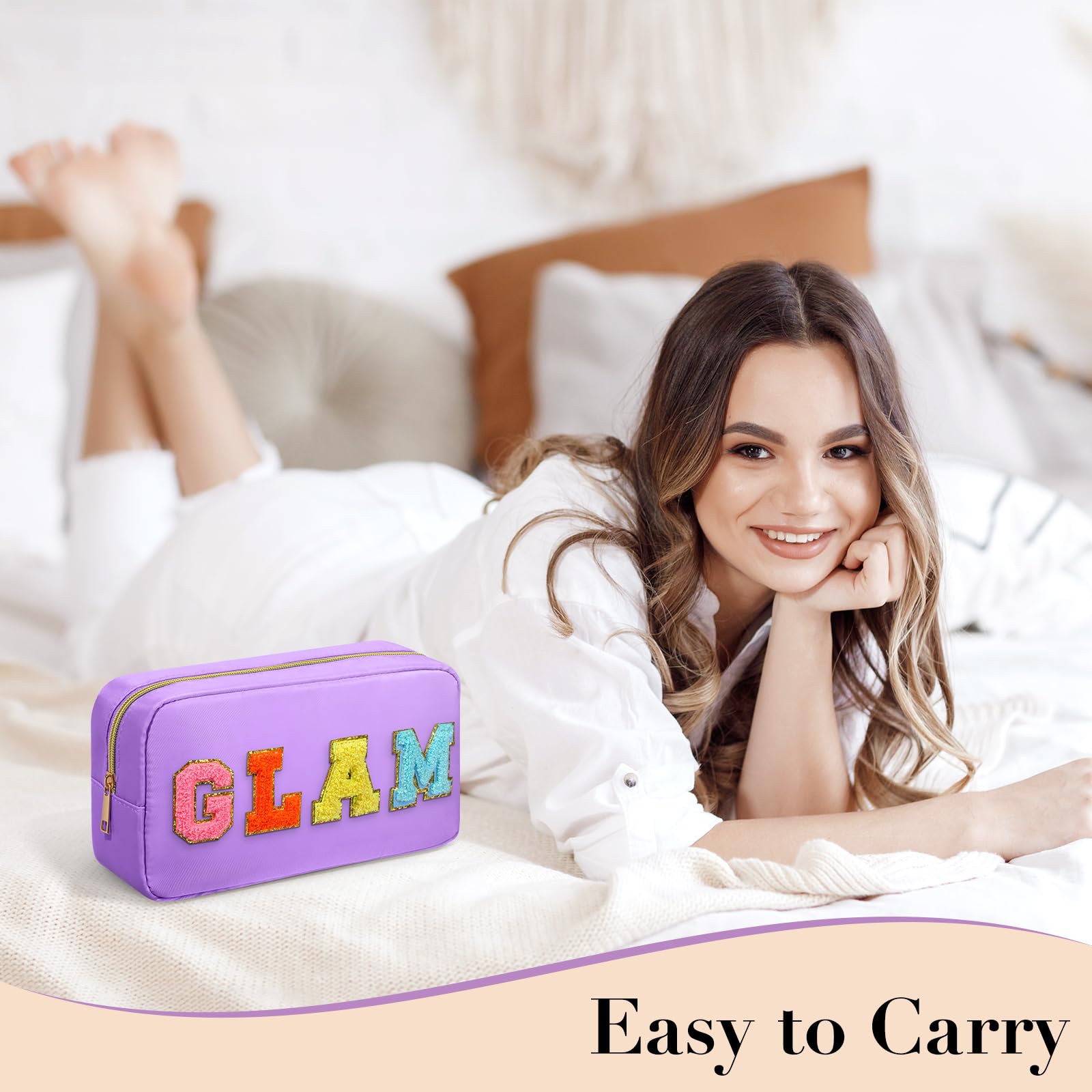 GLAM Chenille Letter Makeup Bag with Zipper - Large Capacity Waterproof Cosmetic Pouch for Women & Teens | Perfect for Travel, Gym & Daily Organization (Purple GLAM)