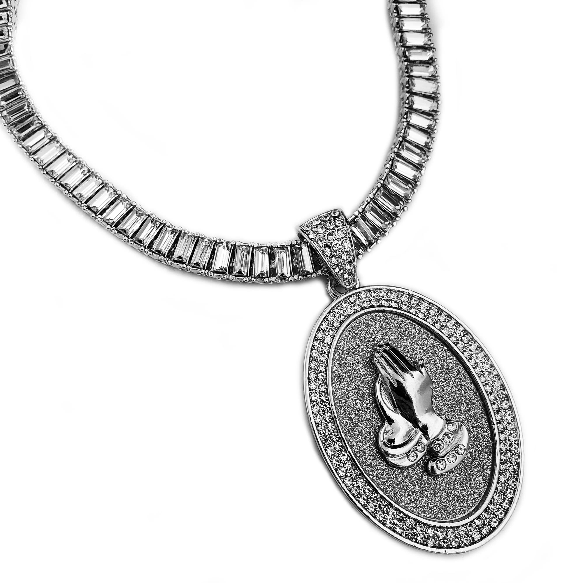 White Gold Plated Praying Hands Oval Pendant with 10mm Iced Baguette Chain Necklace - 18