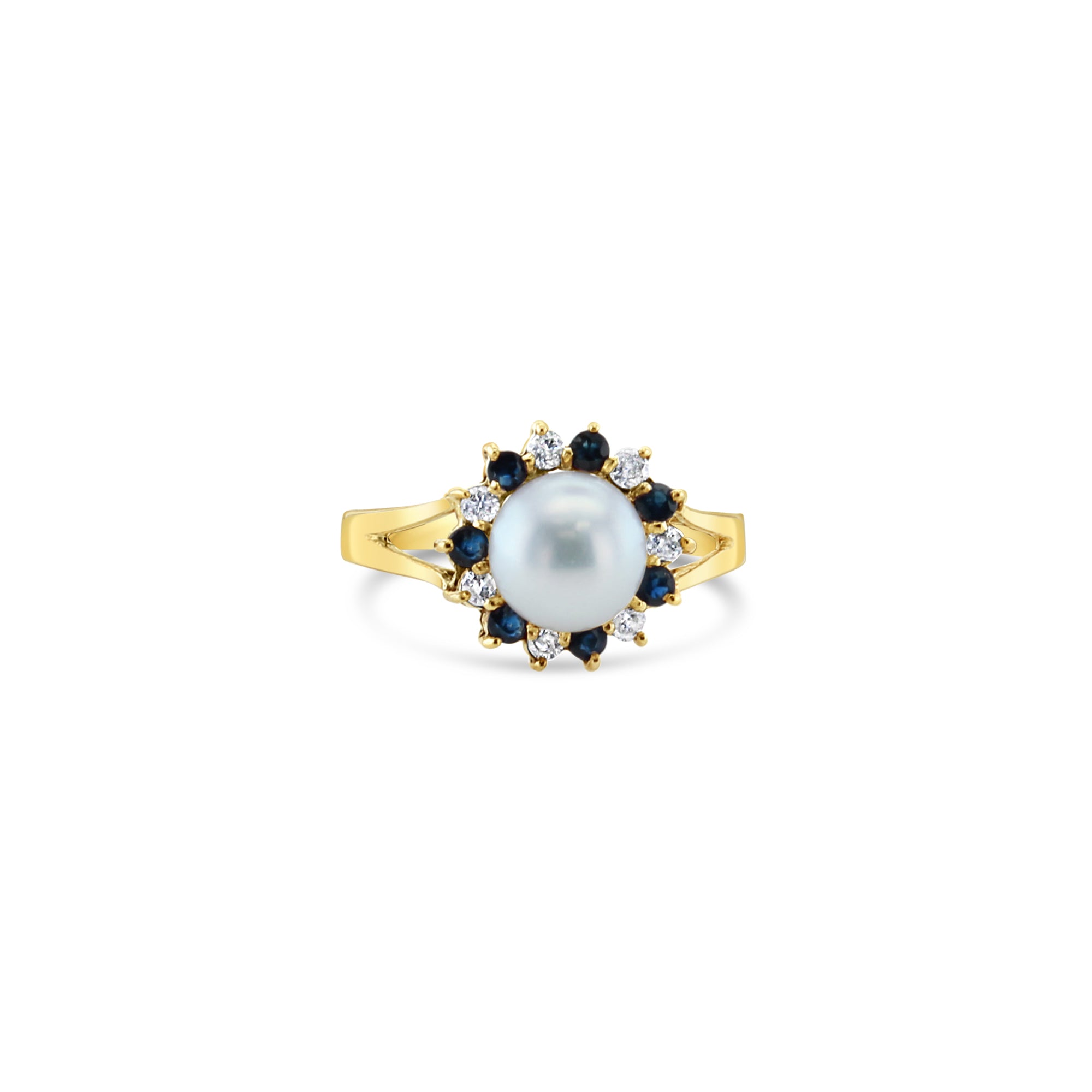14K Yellow Gold Pearl and Diamond Sapphire Halo Ring - Elegant Bridal Jewelry for Weddings, Anniversaries & Special Occasions