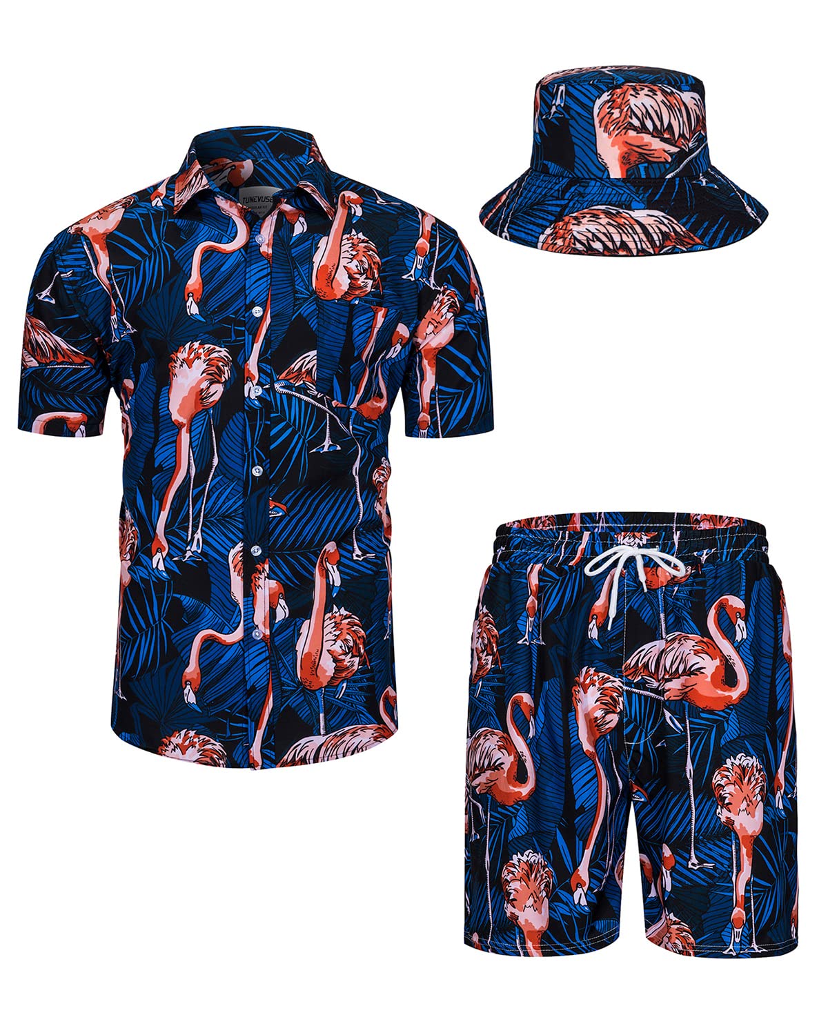 TUNEVUSE Men's Hawaiian Shirts and Shorts Set - 2 Piece Tropical Beach Outfit with Floral Print & Bucket Hat | Summer Vacation, Pool Party, Luau, Cruise Wear