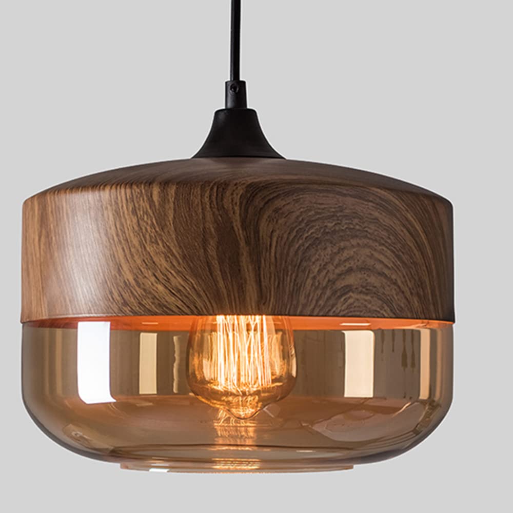 Nordic Walnut Wood Pendant Light with Geometric Glass Shade - 1-Light Cafe Suspension Lamp for Kitchen Island, Dining Room & Bar Ceiling (110V-120V) | Modern Drum Lighting Fixture for Home & Restaurant Decor