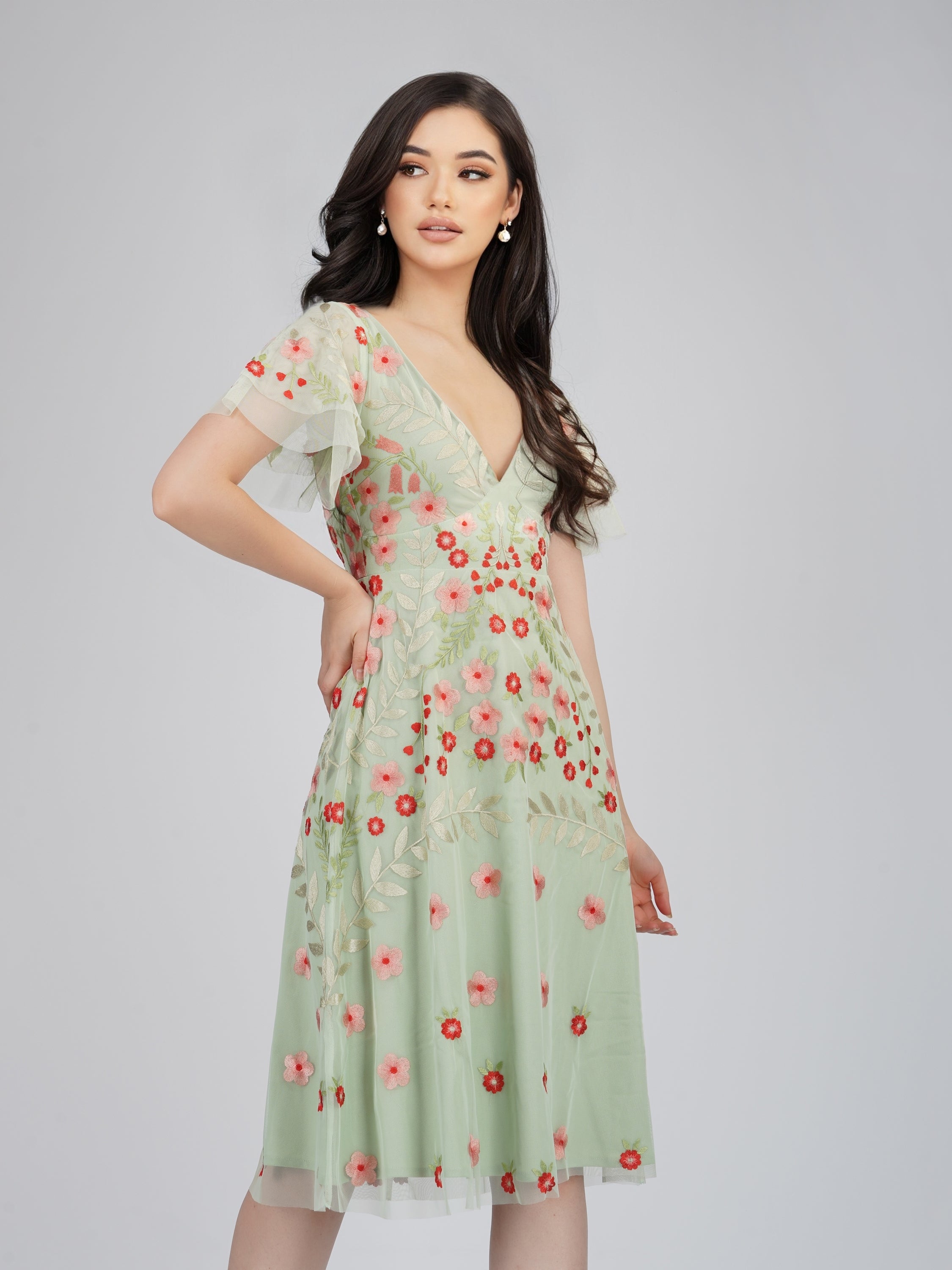 Elegant Calla Sage Green Embroidered Floral Dress for Women | Summer Wedding Guest Dress & Garden Party Outfit