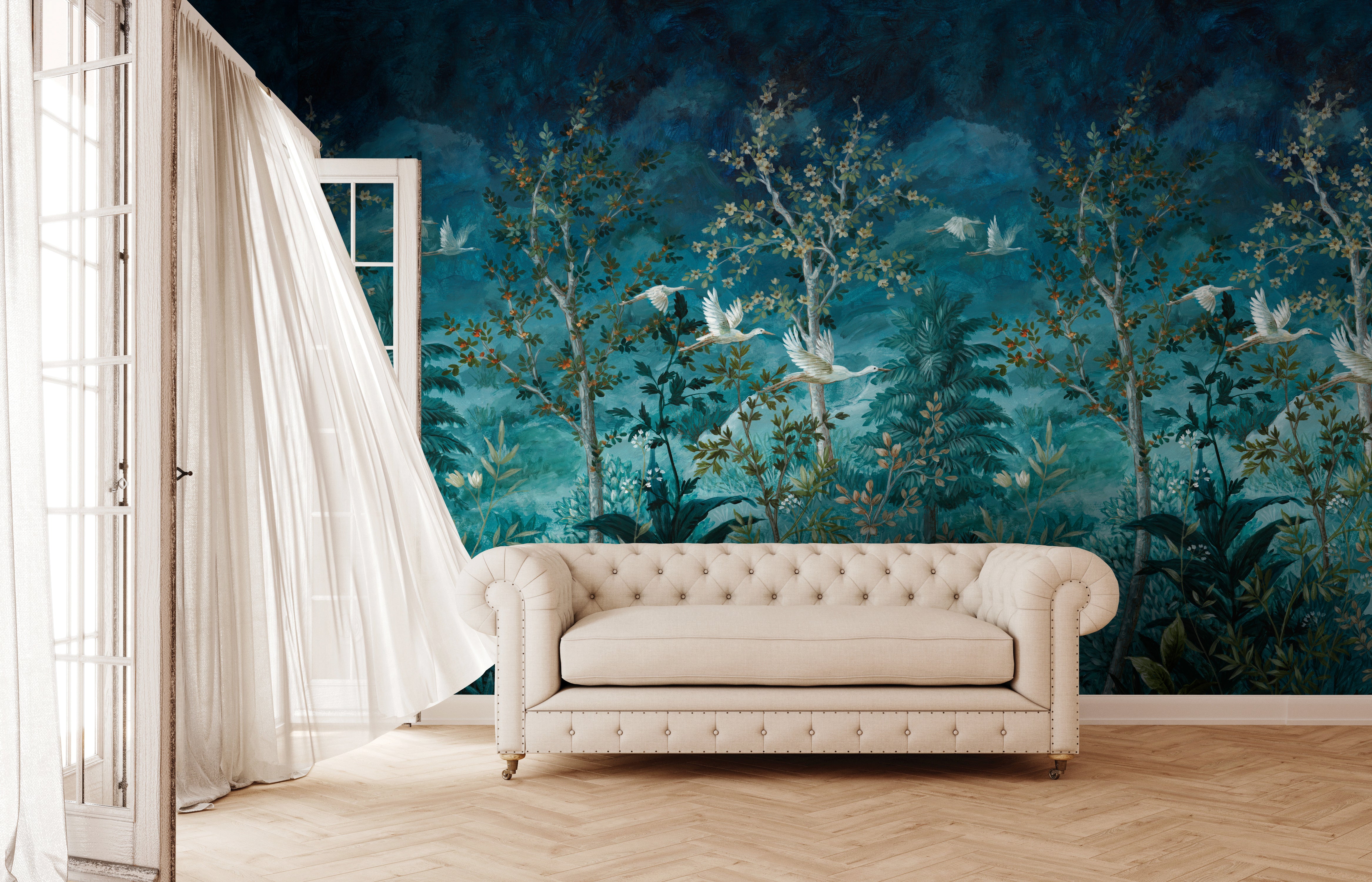 Blue Towering Trees and Midnight Sky Tropical Wallpaper RM9010 - Nature-Inspired Peel & Stick Wall Mural for Bedroom, Living Room, and Office Decor