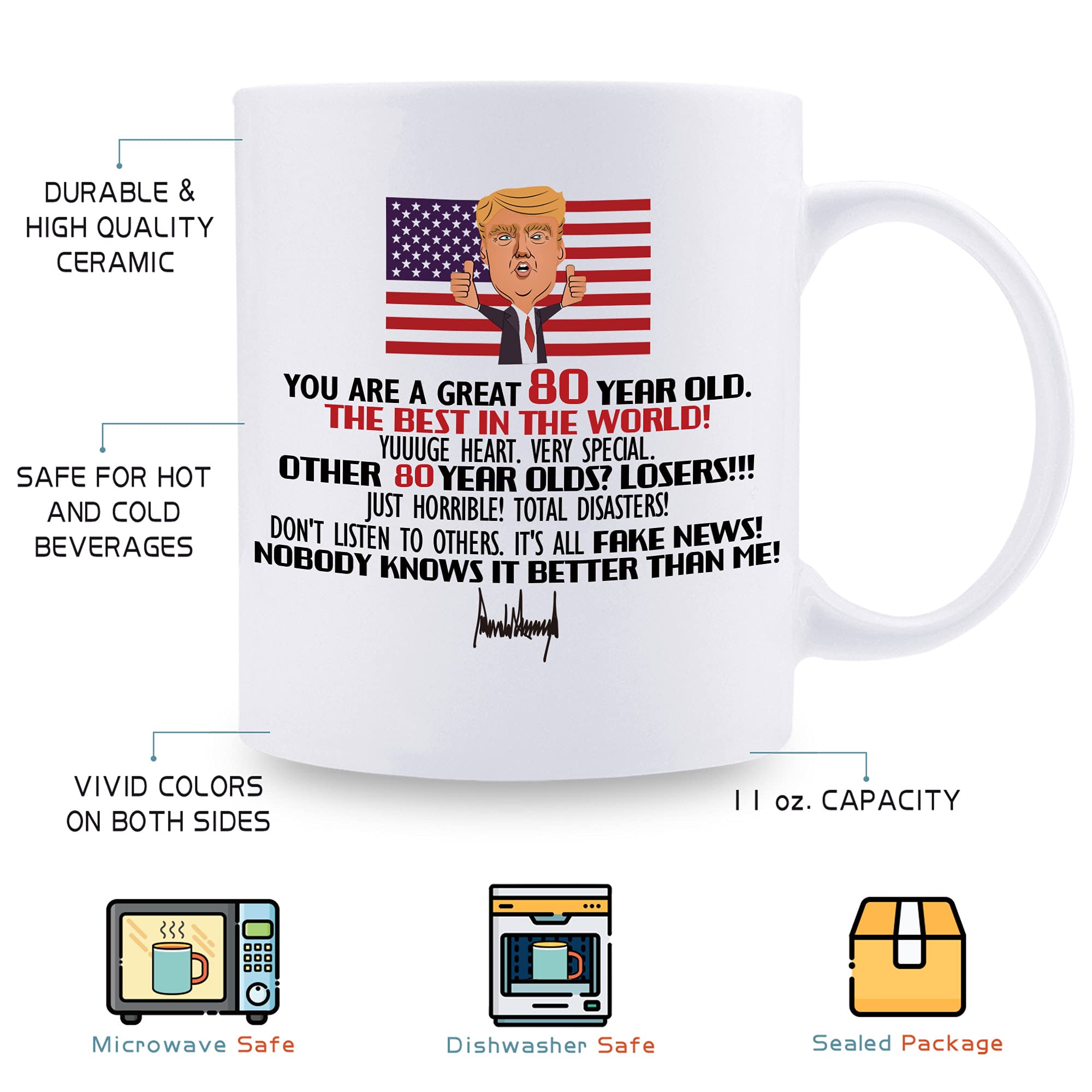 Trump 80th Birthday Gifts - 11 oz Coffee Mug for Women, Men, Grandma, Grandpa, Mom, Dad, Wife, Husband, Brother, Sister, Friends & Coworkers - Perfect for Birthday Celebrations, Office Gifts & Political Enthusiasts