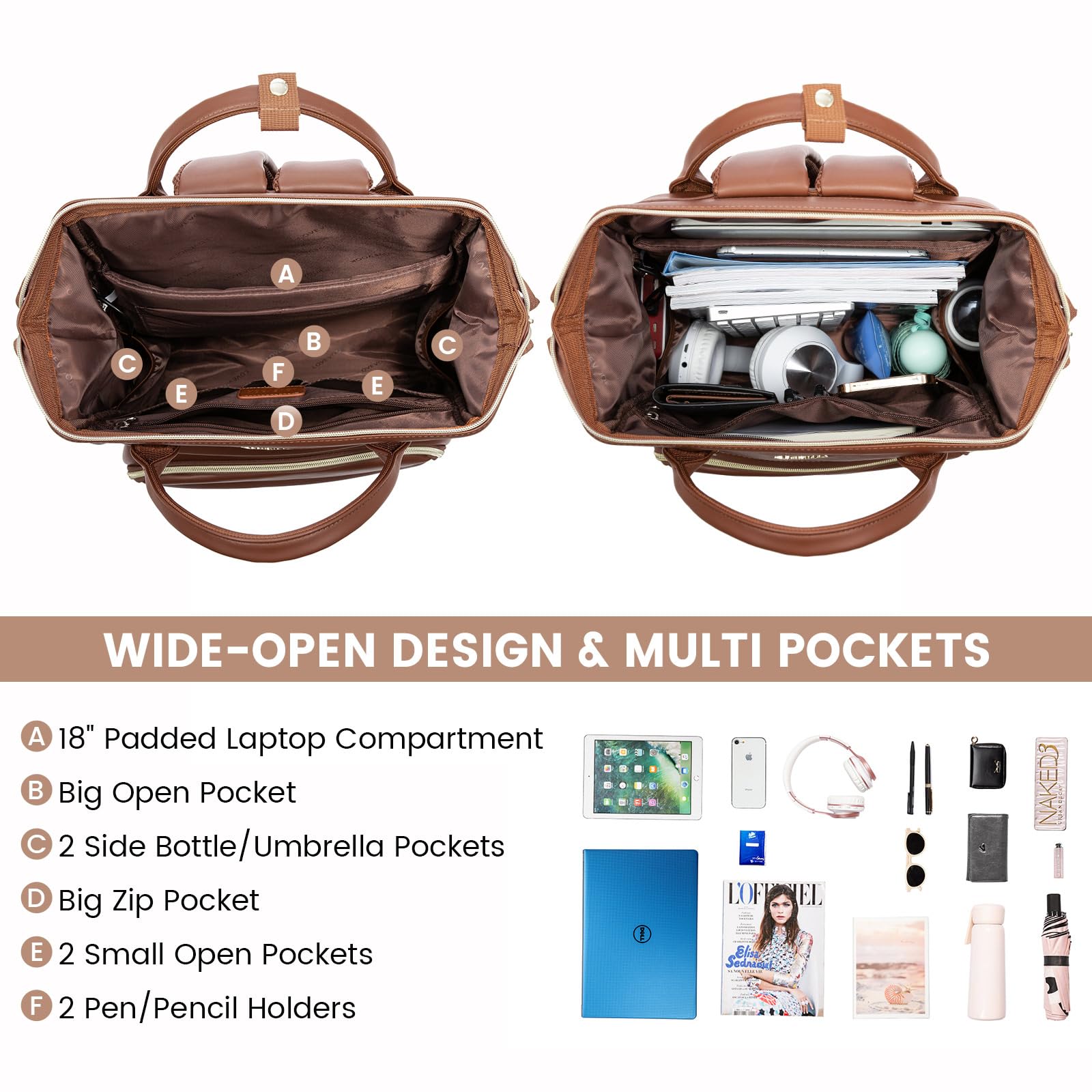 LOVEVOOK 18 Inch Leather Laptop Backpack for Women, Stylish Travel Backpack Purse for Nurse, Teacher, College, Business Professionals with USB Port, Brown - Perfect for Work, School, and Daily Commute