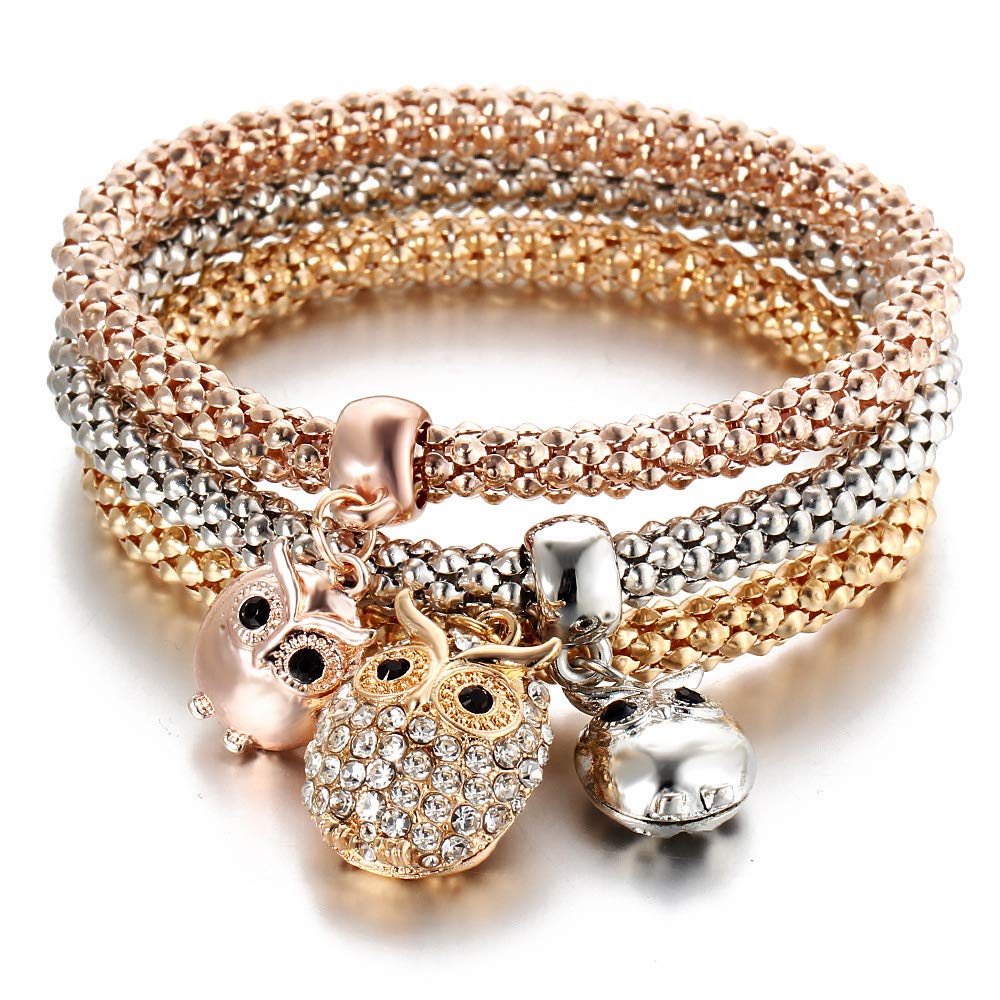 RINHOO 3-Piece Friendship Bracelet Set - Gold, Silver & Rose Gold Corn Chain Crystal Stretch Bracelets for Women | Layered Charm Jewelry for Everyday Wear, Gifts & Special Occasions