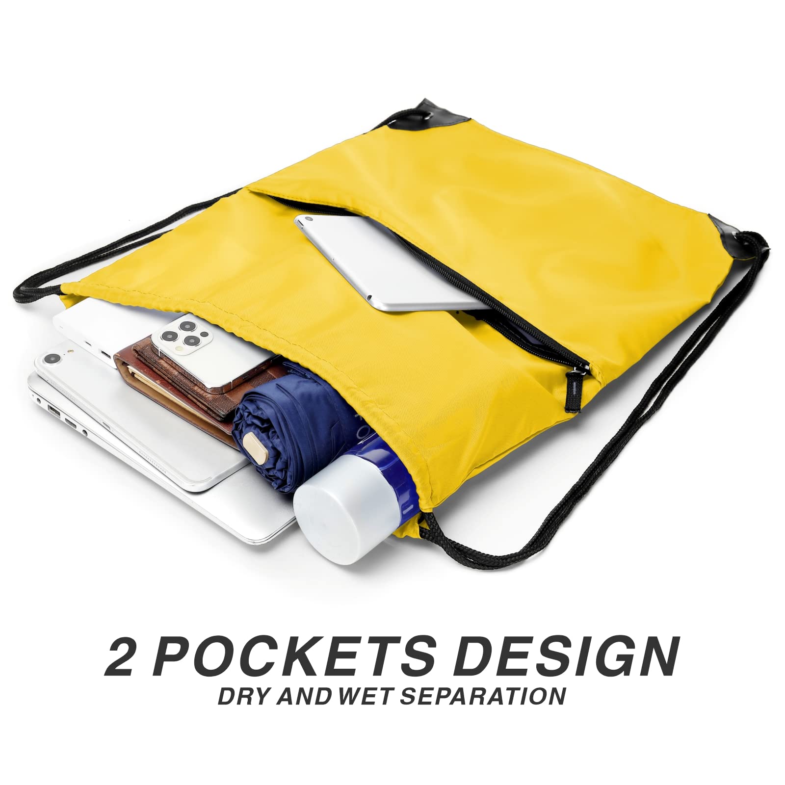 210D Nylon Foldable Drawstring Backpack with Zipper Side Pocket - Lightweight Sports Gym Tote Bag for Men & Women (Yellow) - Perfect for Workouts, Travel, and Everyday Use
