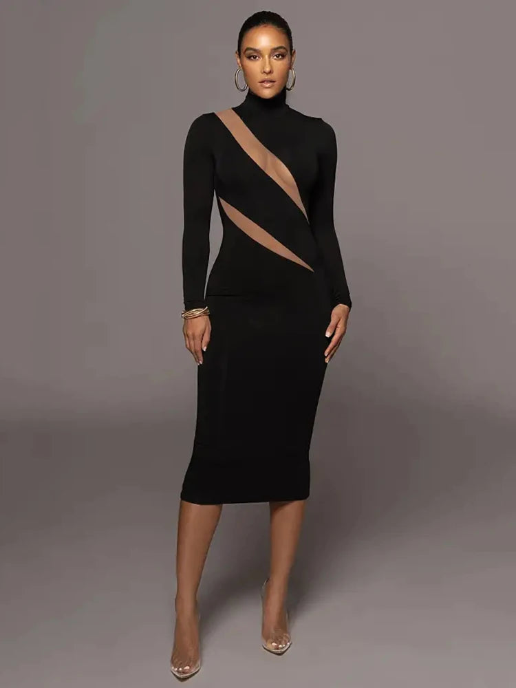 Women's Autumn Winter Long Sleeve Mesh Patchwork Bodycon Midi Dress - Elegant Party Evening Dress for Women | Perfect for Holiday Gatherings, Cocktail Parties & Date Nights