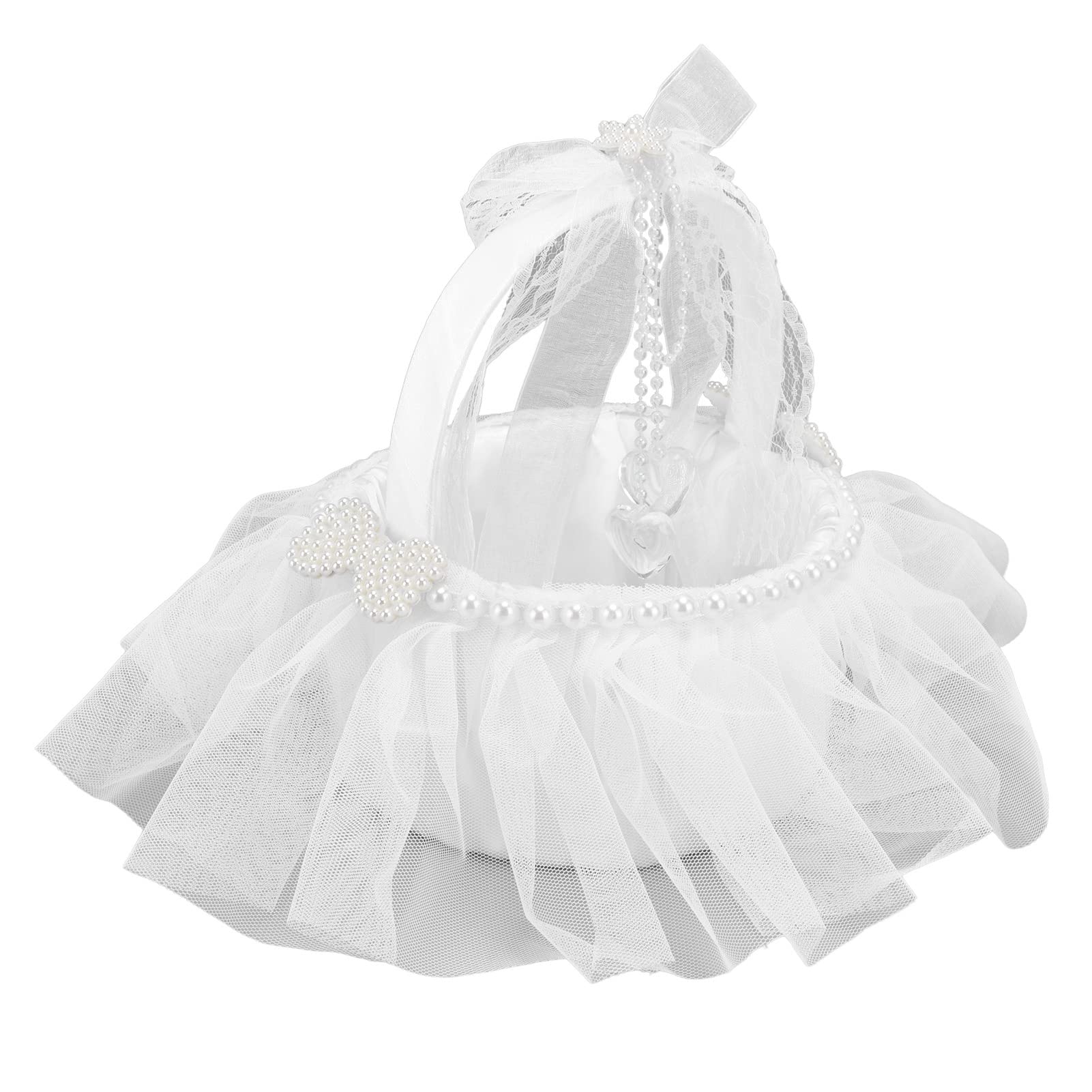 Elegant White Lace Flower Basket with Pearl Decorations - Perfect for Wedding Flower Girls, Bridal Showers & Banquets | Handmade Pearl-Embellished Basket with Bowknot Handle for Special Occasions