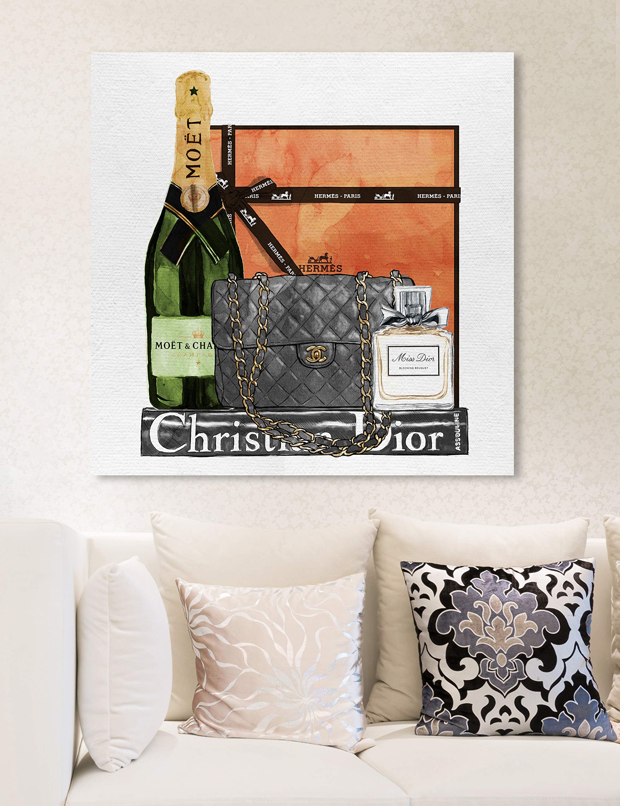 Oliver Gal 'Delicate Perfume and Books' Gray Fashion Wall Art Print - Premium Canvas 24x24 Inches - Modern Home Decor for Living Room, Bedroom & Office