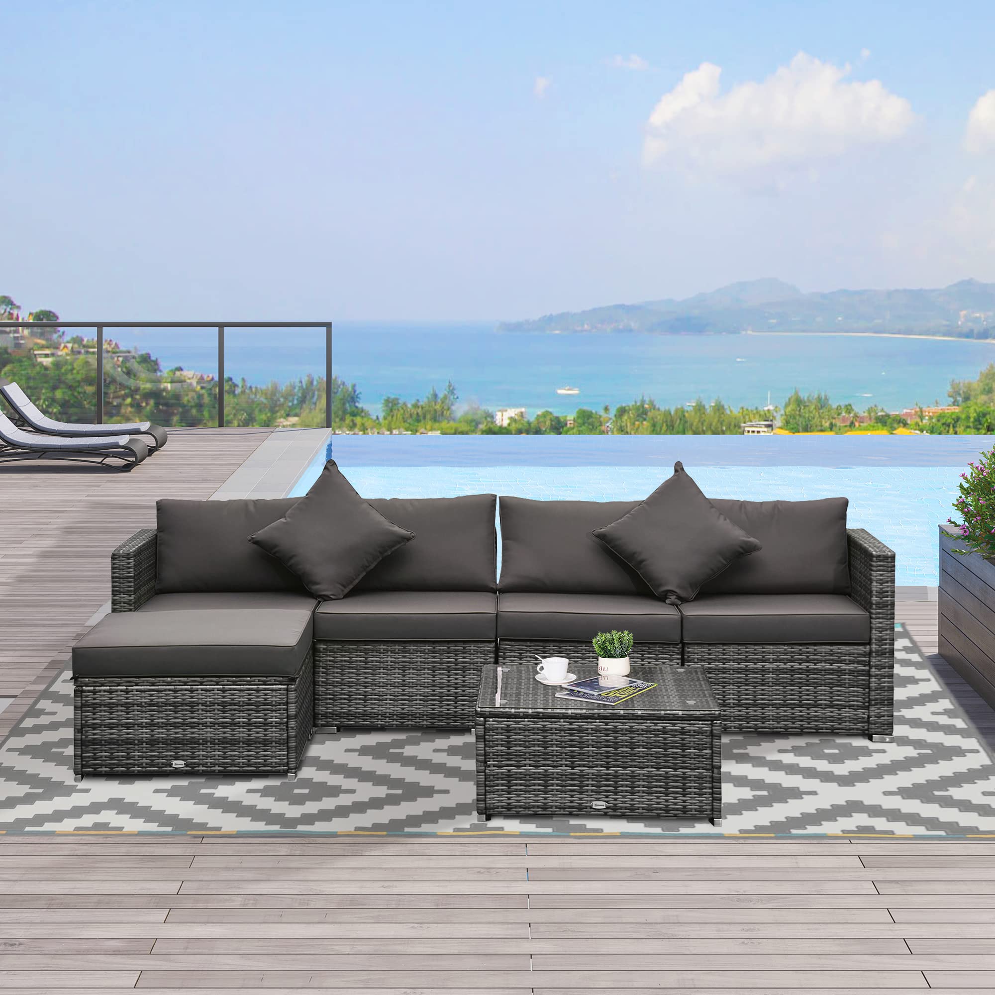Outsunny 6-Piece All-Weather PE Rattan Patio Furniture Set - Outdoor Wicker Sectional Sofa with Ottoman, Cushions & Tempered Glass Table - Mixed Gray & Charcoal - Perfect for Backyard, Garden, and Poolside Relaxation