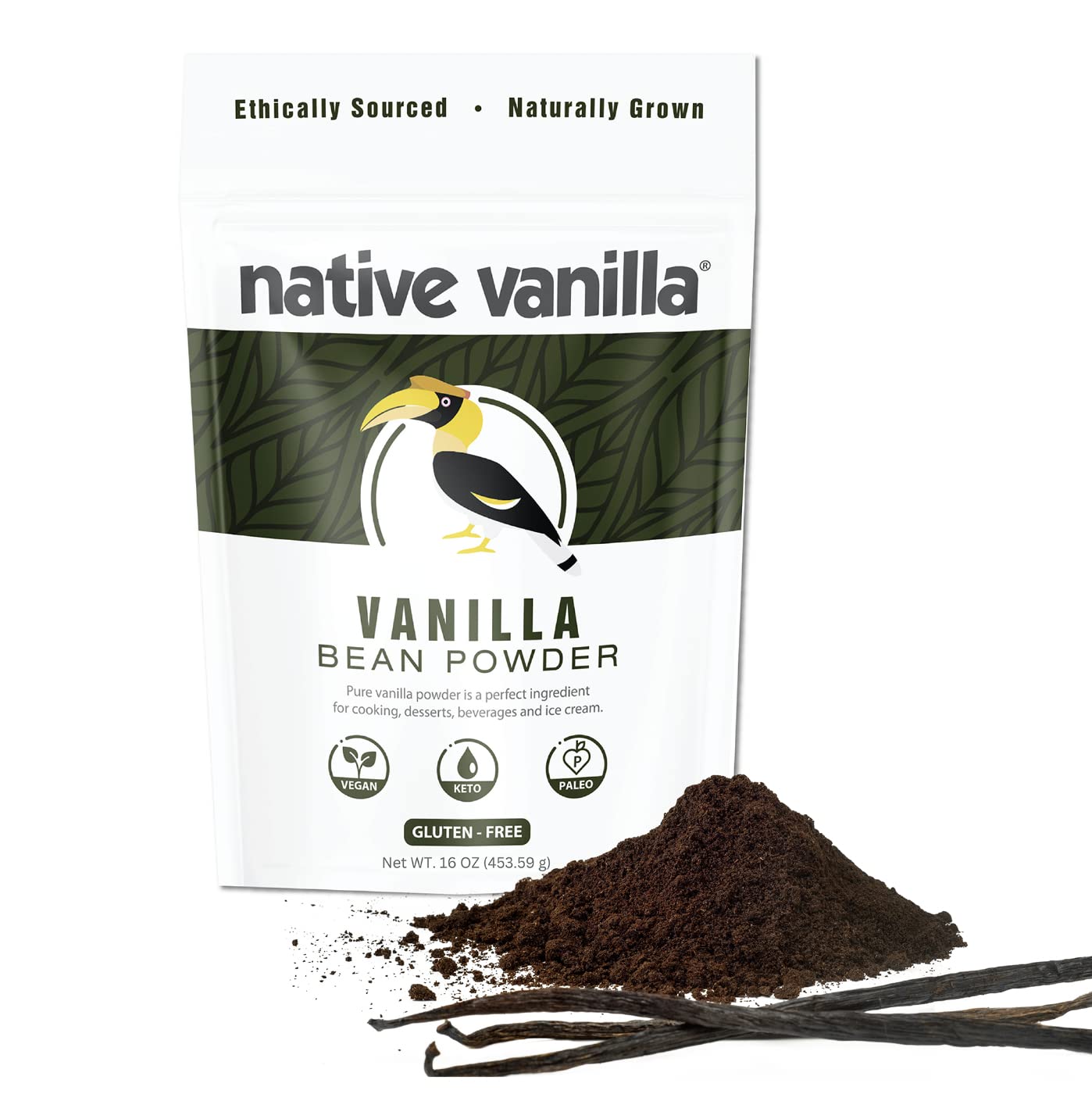 Premium 100% Pure Tahitian Vanilla Bean Powder - 1 lb Raw Unsweetened Ground Vanilla for Baking, Coffee, Desserts | Organic Natural Flavor Enhancer for Smoothies, Ice Cream & Homemade Recipes | No Fillers or Additives | Native Vanilla