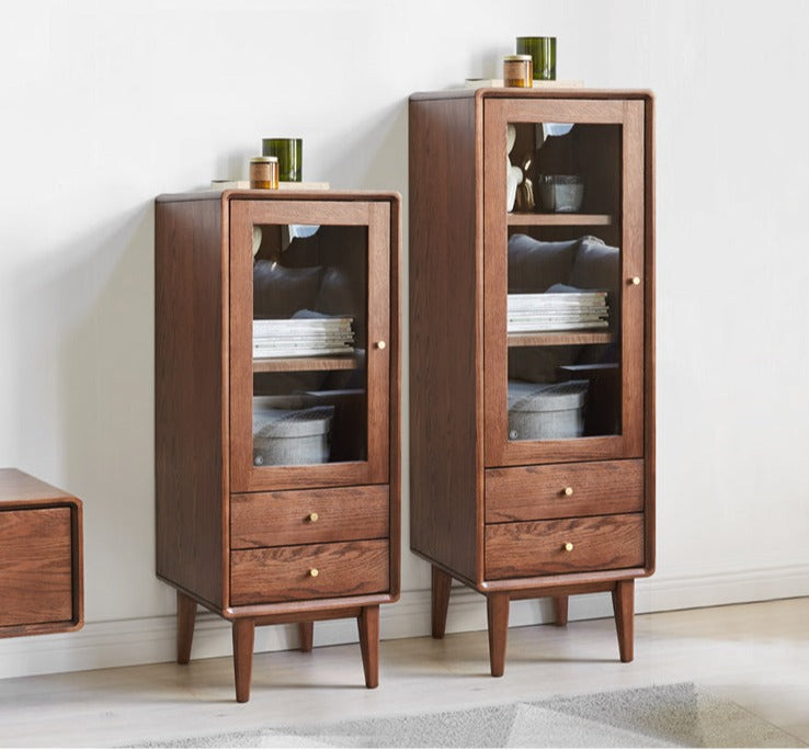 Solid Oak Wood Side Cabinet - Walnut Finish | Rustic Home Decor for Living Room, Bedroom & Entryway Storage