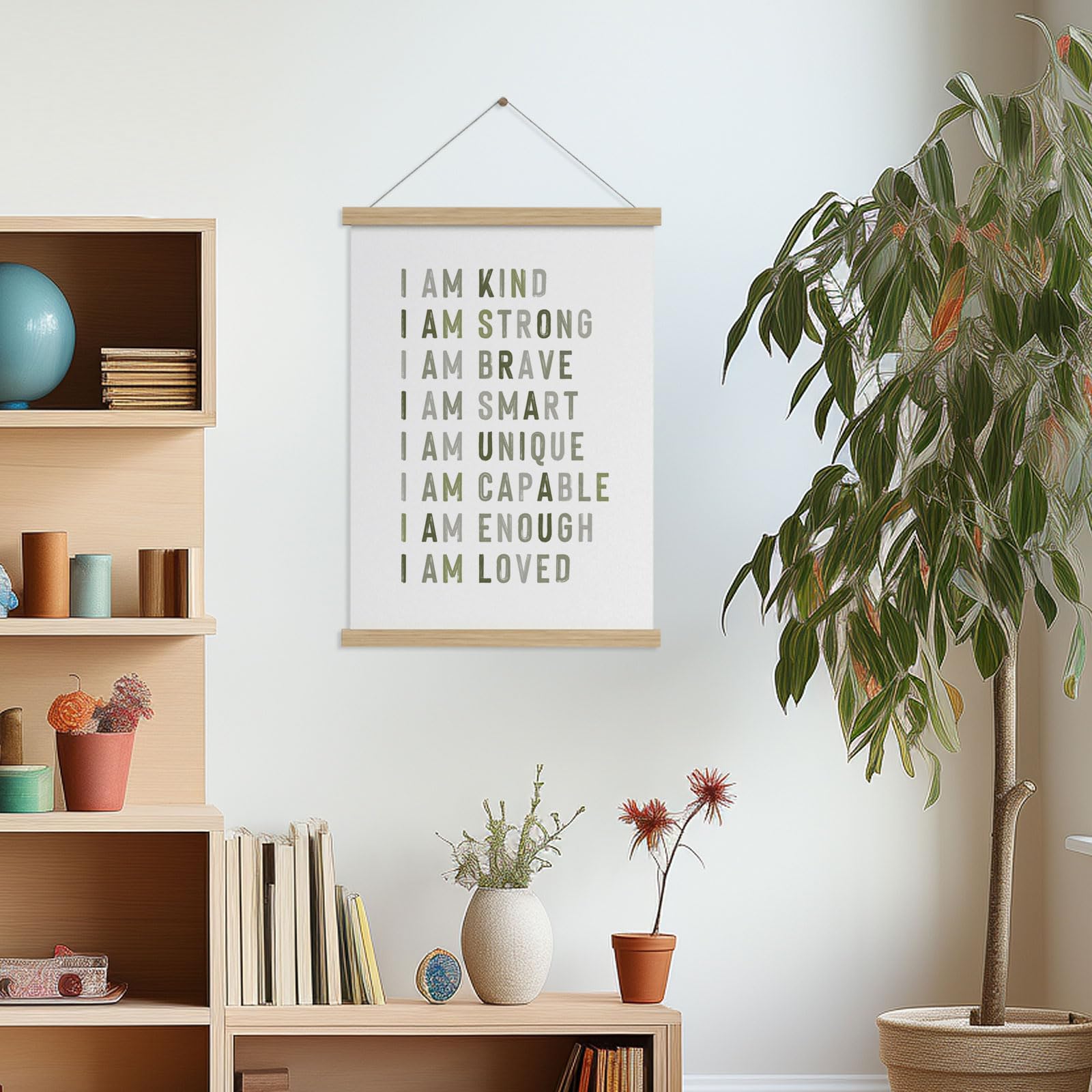 I Am Kind Poster - Positive Wooden Hanging Wall Art with Affirmations, Kids Room Decor for Nursery, Playroom & Bedroom - Inspirational Toddler Sign for Daily Motivation & Self-Esteem Building