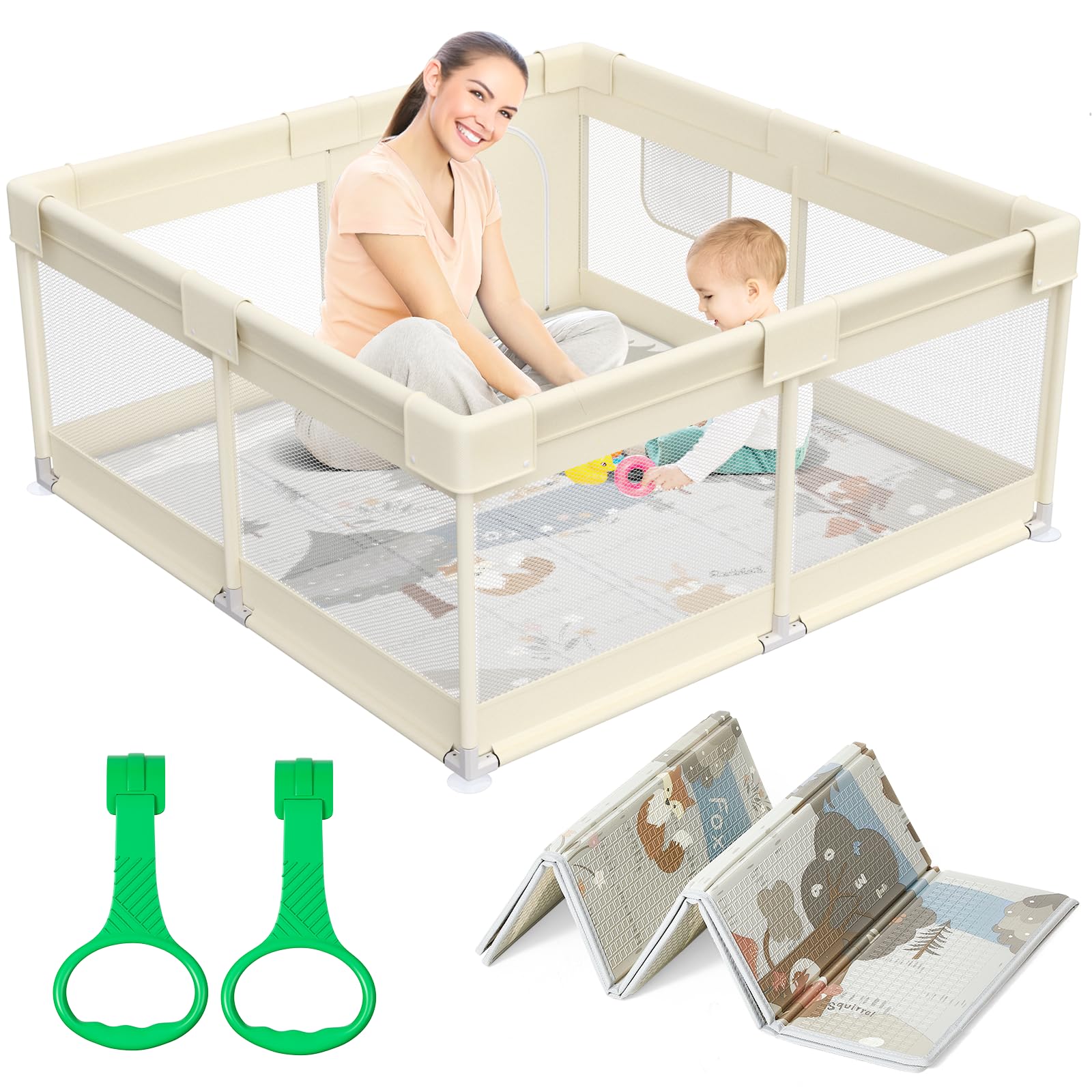 Fodoss Baby Playpen with Soft Mat - 47x47 Inch Portable Play Yard for Infants & Toddlers - Safe Play Area for Small Spaces, Apartments & Indoor Use - Beige Activity Center for Crawling & Playtime