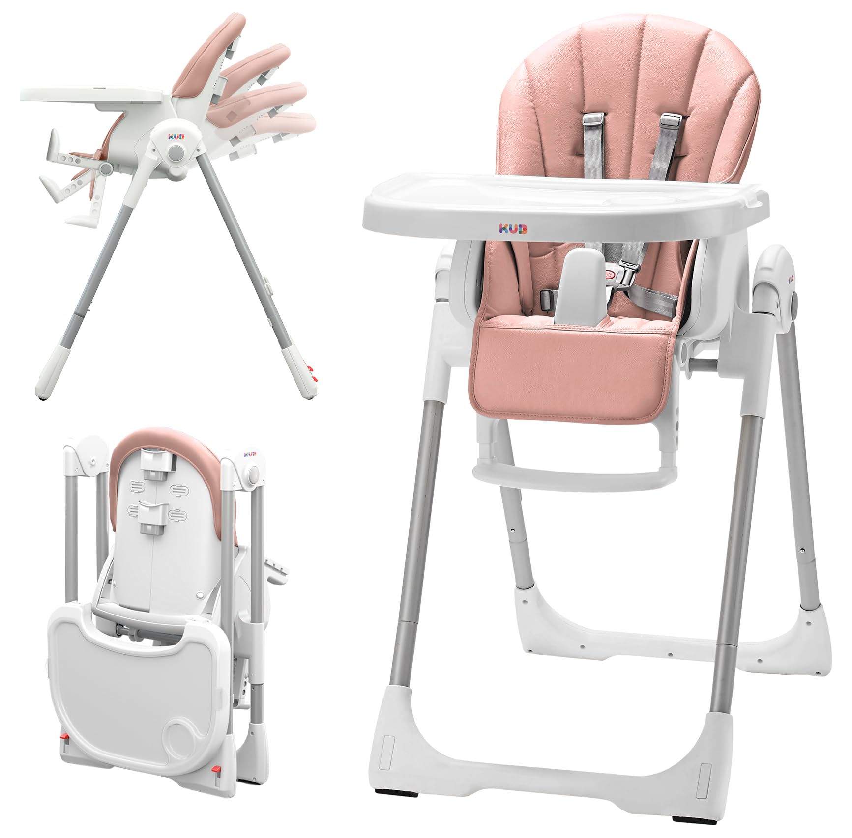KÜB 3-in-1 Foldable Baby High Chair with 7 Height & 4 Recline Adjustments | Removable Washable Seat & Tray | 2 Locking Wheels | Multi-Functional Infant Highchair for Babies & Toddlers (Pink) | Perfect for Dining, Feeding & Playtime at Home or Travel