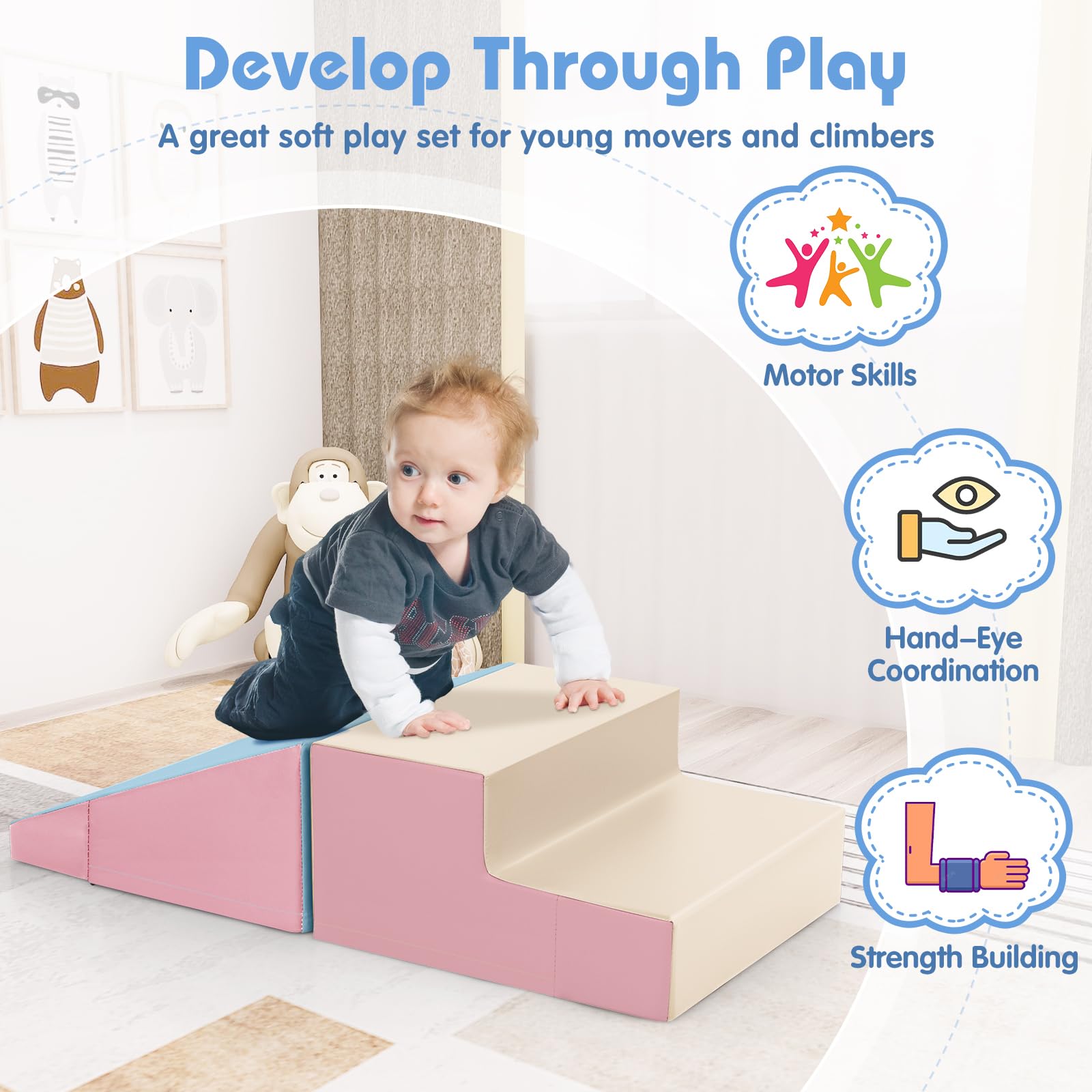 Costzon Toddler Climbing Toys - Soft Foam Play Set for Crawling, Climbing & Sliding | 2-Piece Indoor Activity Blocks for Babies & Kids (Blue & Pink) | Perfect for Nursery, Playroom & Daycare Motor Skill Development
