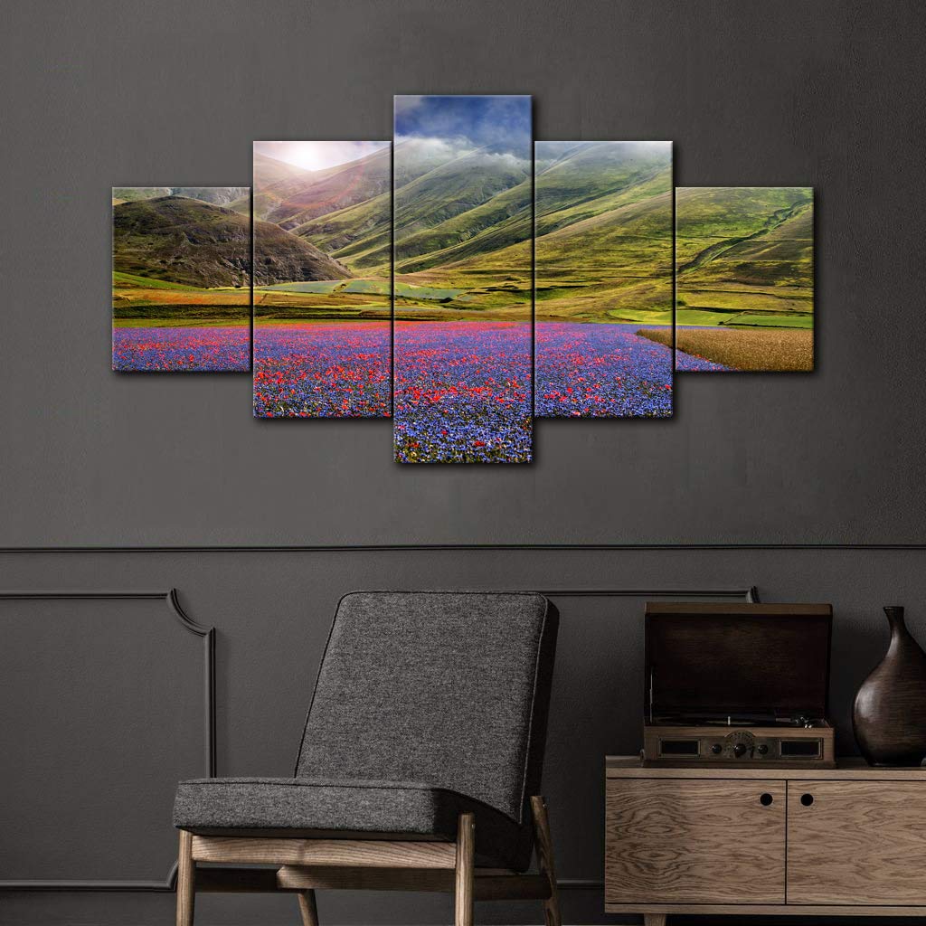 AMEMNY 5 Panel Purple Flowers Wall Art - Sunset Landscape Canvas Painting - Stretched & Framed Ready to Hang - Scenery Flower Picture for Living Room, Bedroom, Bathroom Decor | Perfect for Home, Office & Gift Giving
