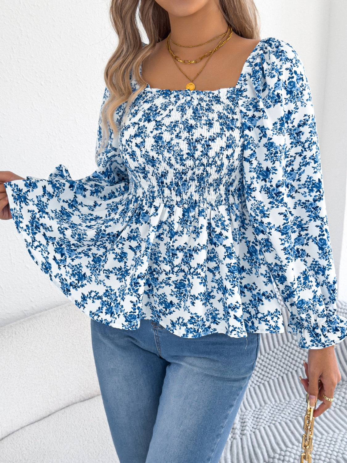 Floral Square Neck Flounce Sleeve Blouse for Women | Elegant Spring Summer Tops | Perfect for Office, Date Night & Special Occasions