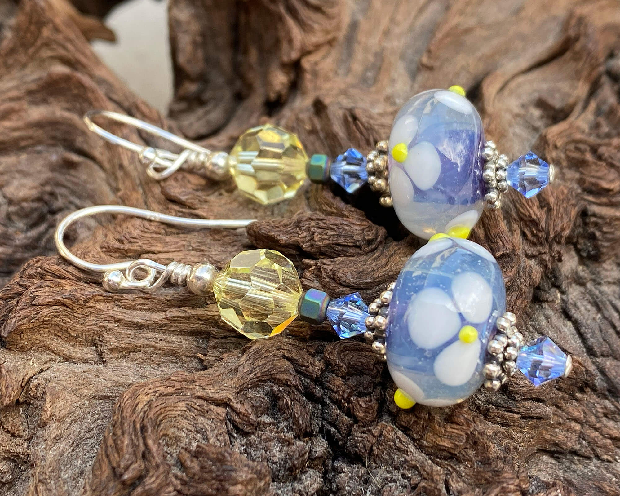 Blue Floral Crystal Lampwork Earrings – Handmade Glass Bead Jewelry for Women | Perfect for Weddings, Parties & Special Occasions
